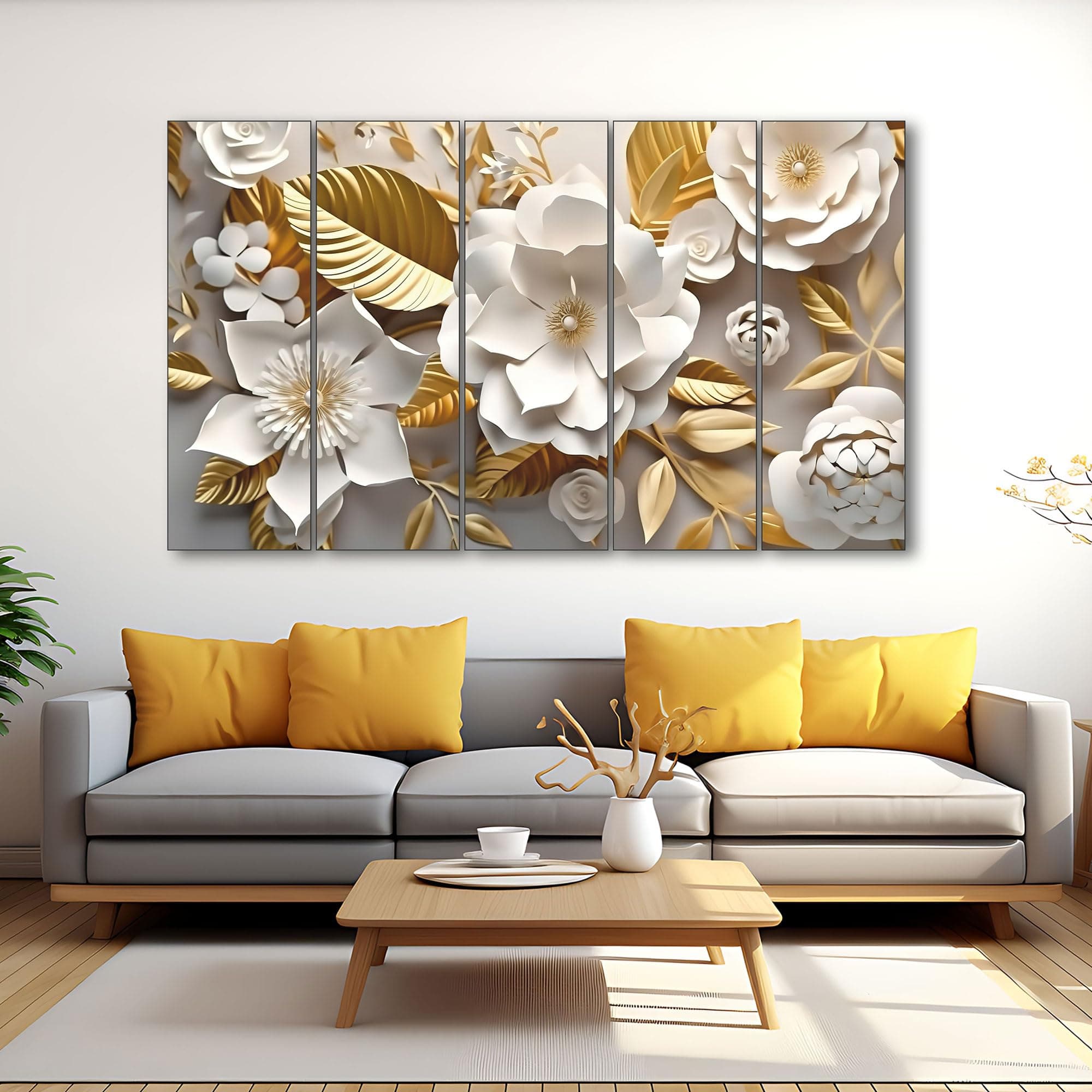 The Castle Decor-3D Gold White flowers Art Set of 5 Big Size (36x60") Multiple Frames Wall Art Painting for living room,Bedroom,Drawing room,Hotels-Wooden Framed-Digital Painting