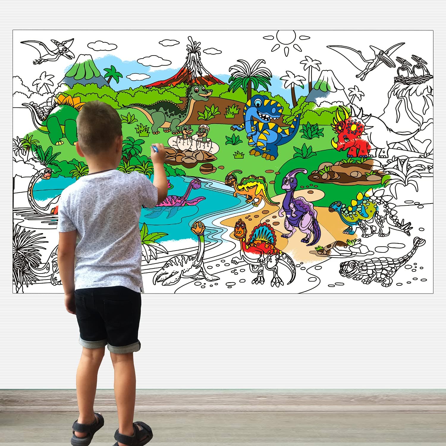 ALEX Art, Giant Coloring Poster - Dinosaur Jumbo Coloring Book Sheet for Kids Ages 4-8 - Big Large Coloring Pages Posters to Color - Birthday Party Activity Table - Huge Floor Wall Size 38.5”x26.7”