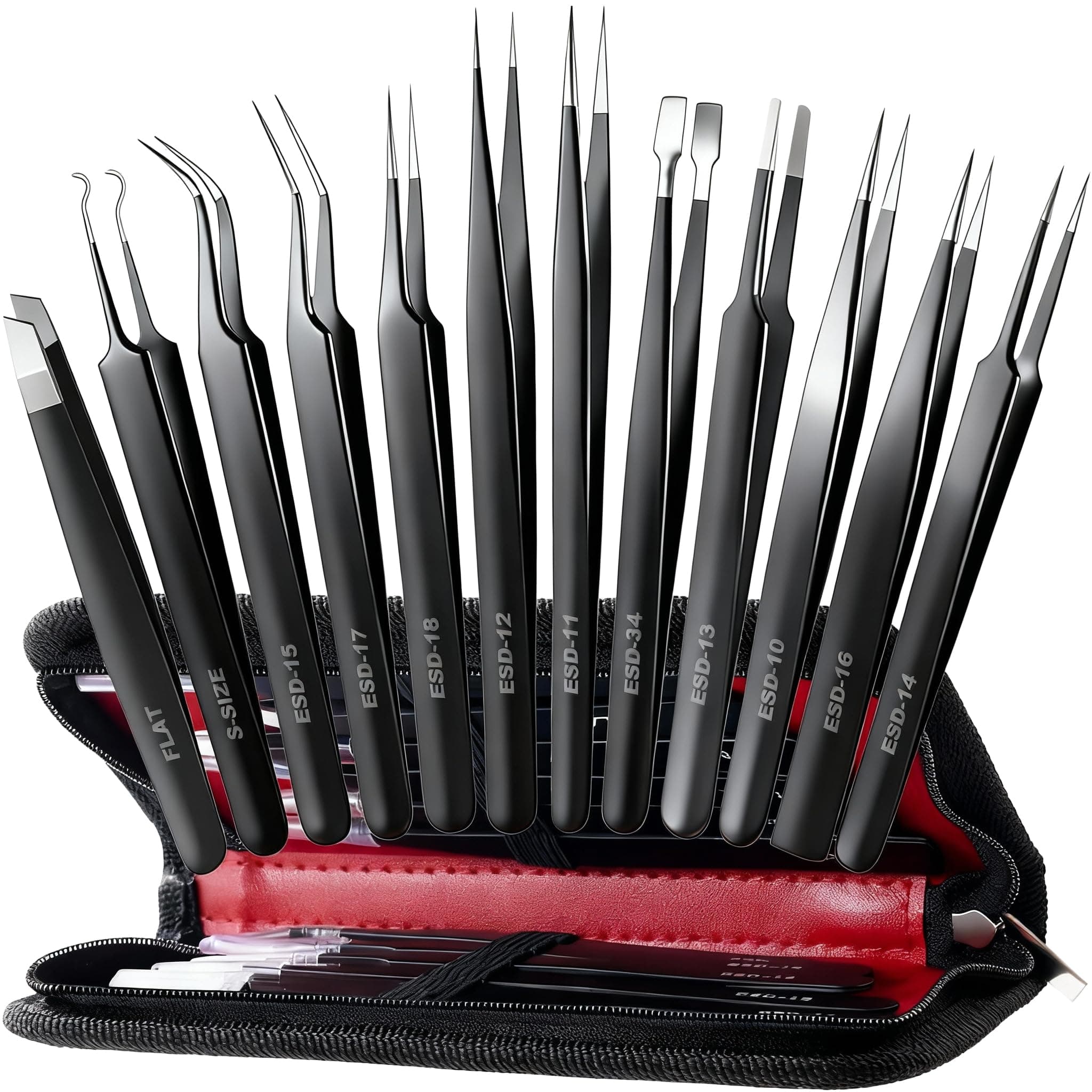 Antonki Tweezers, Precision Tweezer Set, Craft Soldering Jewelry Ingrown Eyelash Extension Eyebrow Tweezers - 12 Pack Super Valued Set With Handy Case