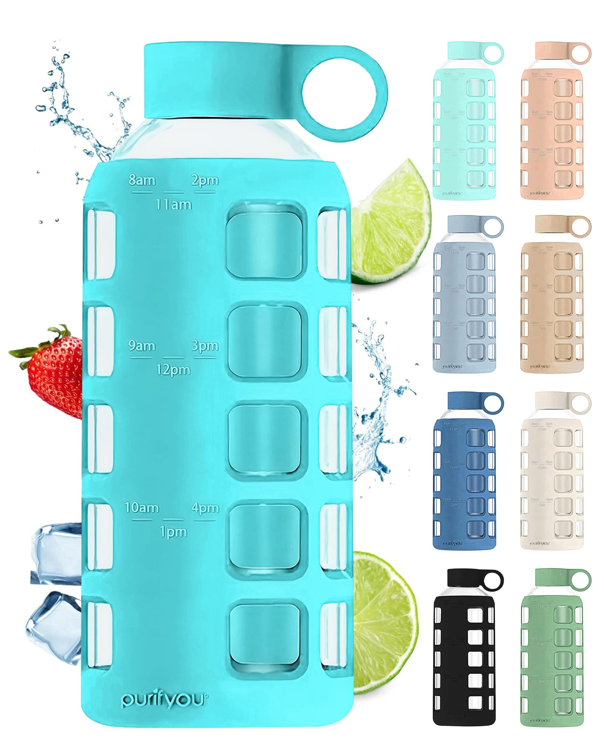purifyou Premium 40/32 / 22/12 oz Glass Water Bottles with Times to Drink and Volume, Silicone Sleeve & Stainless Steel Lid Insert, Reusable for Fridge Water, Milk, Fruit Juice (Aqua Blue, 22 oz)