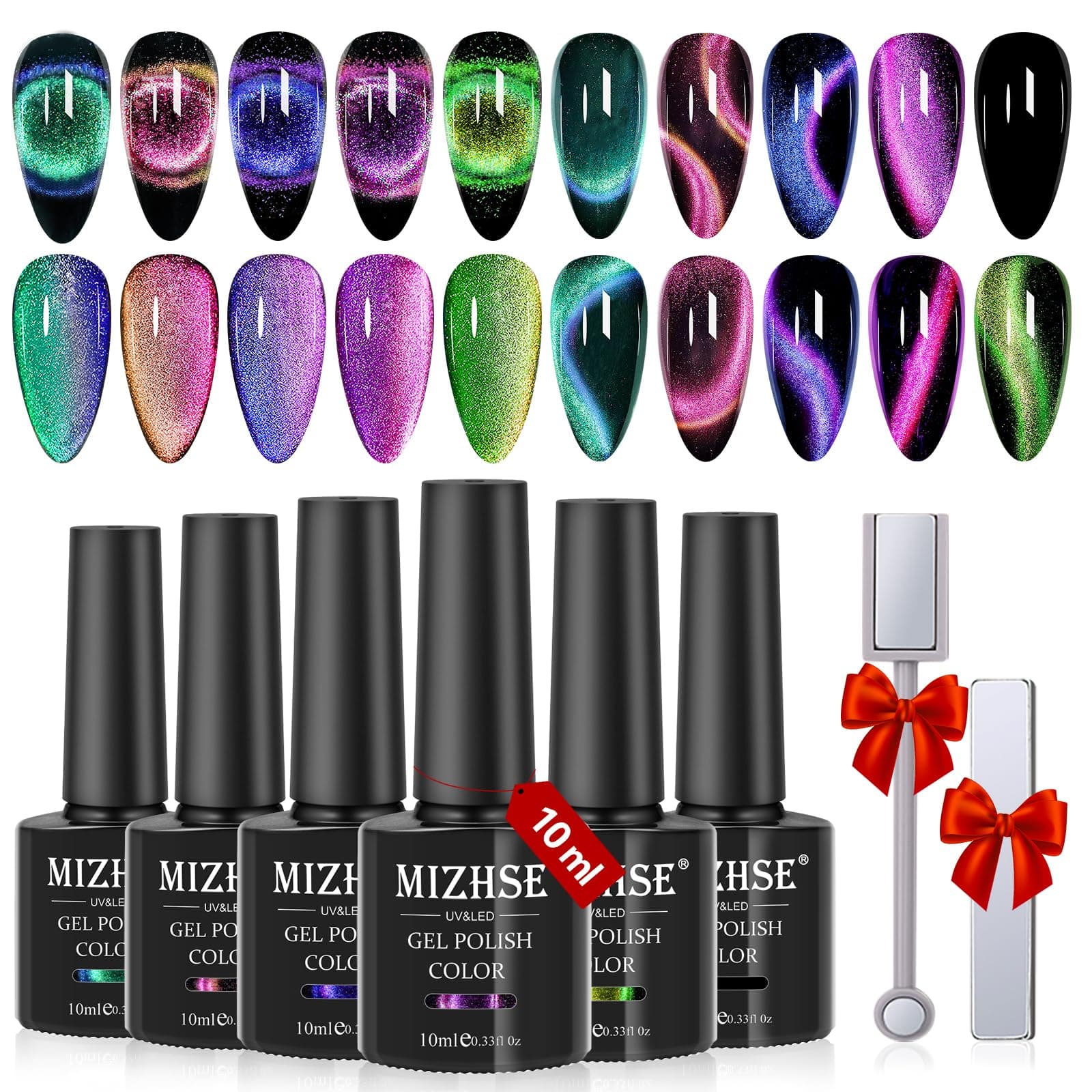 MIZHSE 9D Cat Eye Gel Nail Polish Set, Glitter Chameleon Magnetic Gel Nail Polish with Black Color 2 Magnet Sticks, Galaxy Effect Soak Off LED Nail Art Manicure Salon DIY Gift