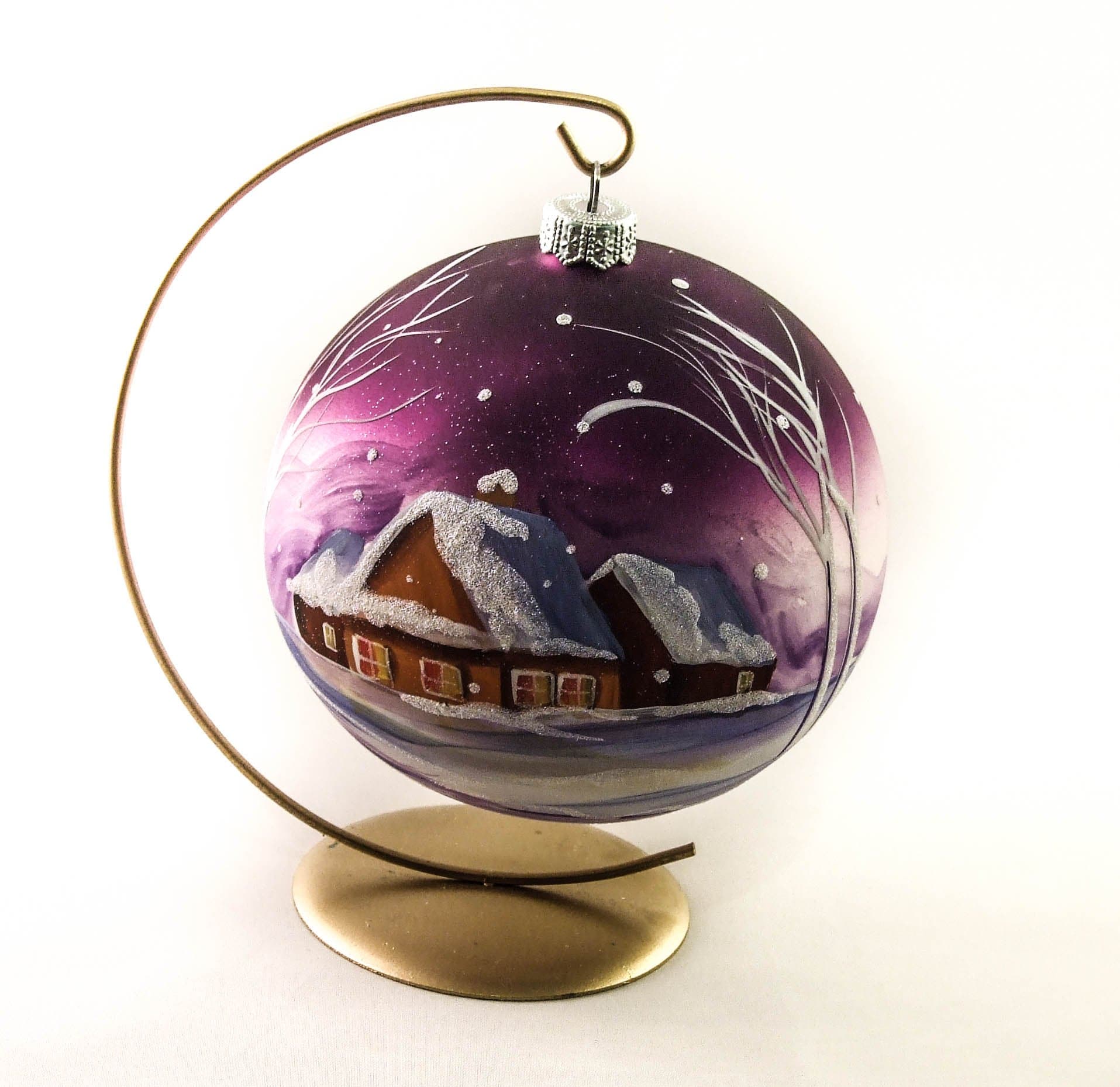 6 inches painted by artists glass Christmas ornament plus metal stand, BROWN COTTAGE HOUSE AND VIOLET SKY , 10146