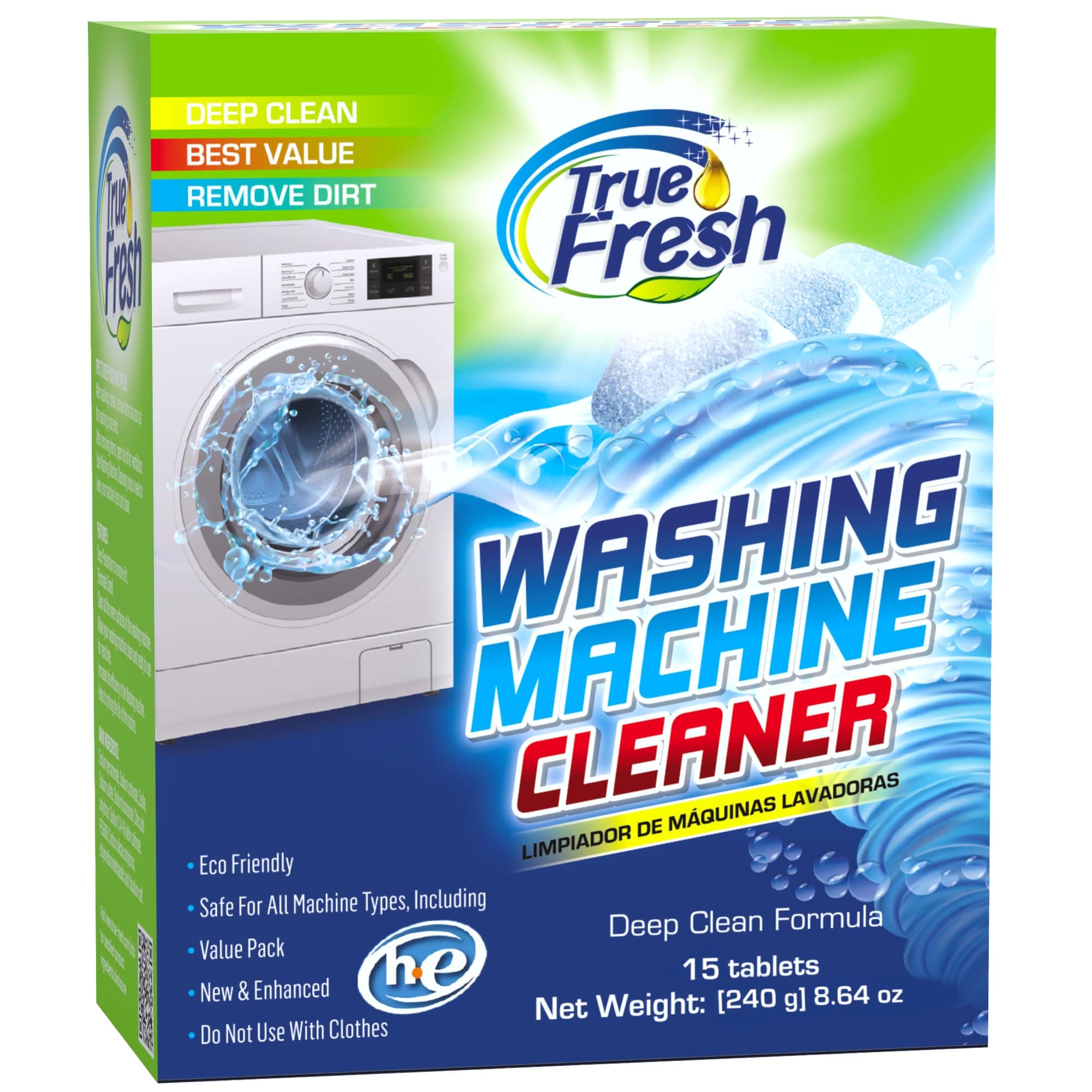 True Fresh Washing Machine Cleaner Descaler 15 Pack Tablets, Deep Cleaning Deodorizer for HE Front & Top Load Washers, Eliminates Odor Buildup Residue Grime, Cleans Drum Pump Valve Hoses Septic Safe