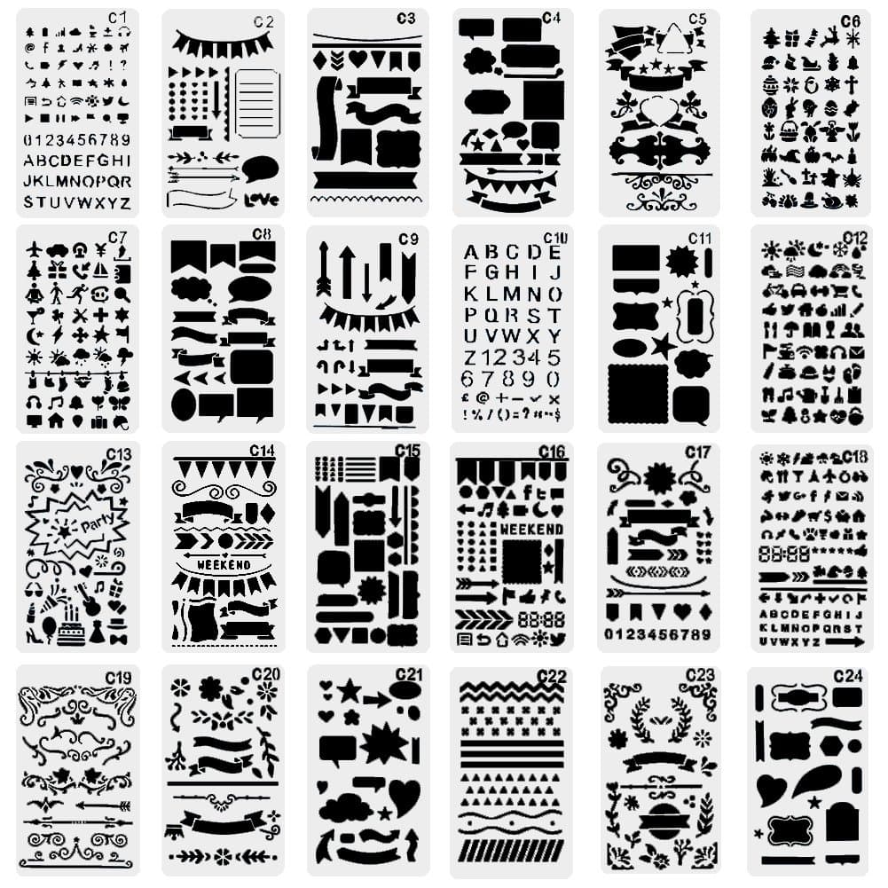 NouveLife Pack of 24 Flexible, Reusable Stencils - Geometric Shapes, Numbers, Letters, Leaves, Flowers, Arrows. For Scrapbooking, Birthday Cards, Wall Art (10 x 18 cm)
