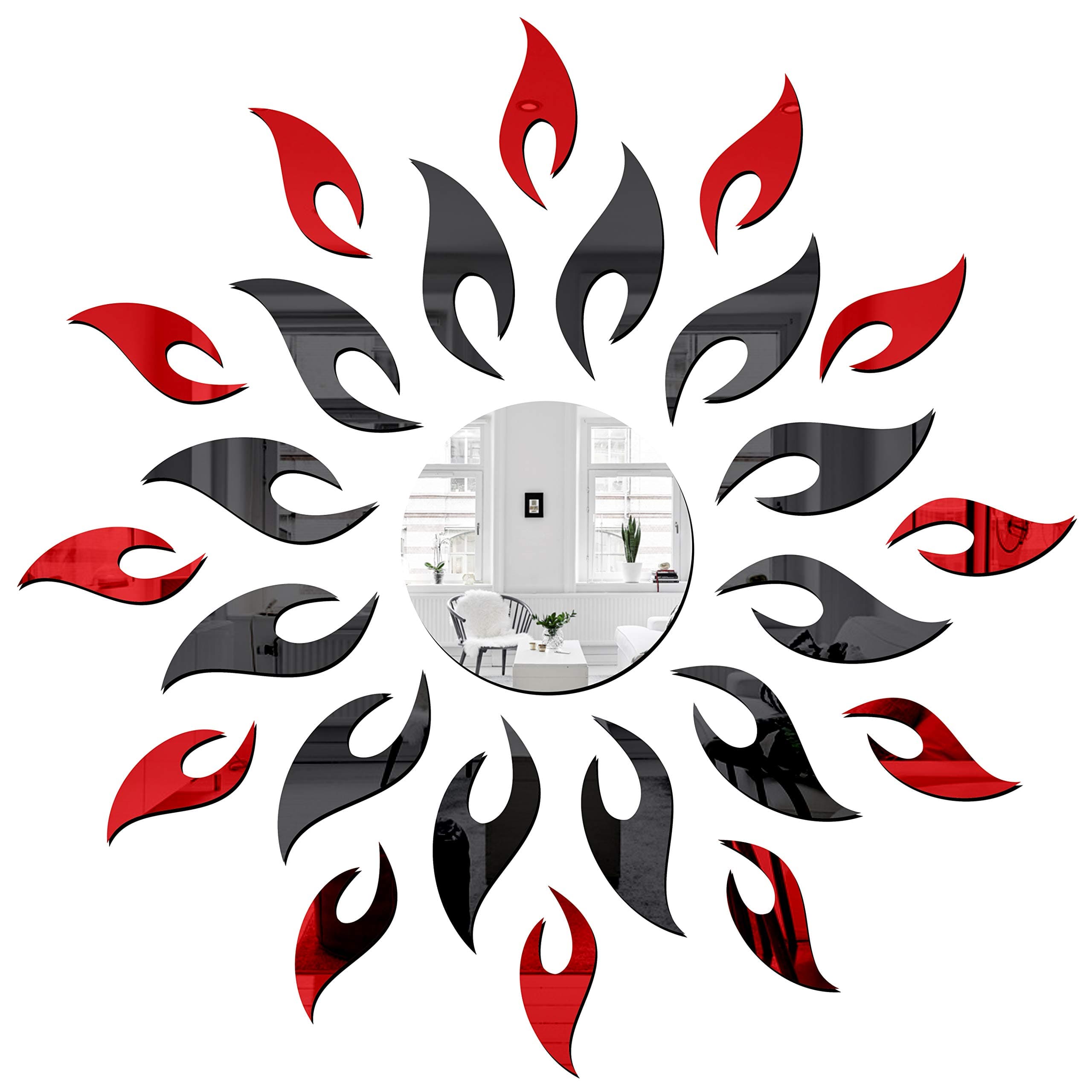 Bikri Kendra - Art BK21N26 - Sun Big Black Small RED Leaf Circle Silver - 3D Acrylic Decorative Mirror Wall Stickers-Self-Adhesive