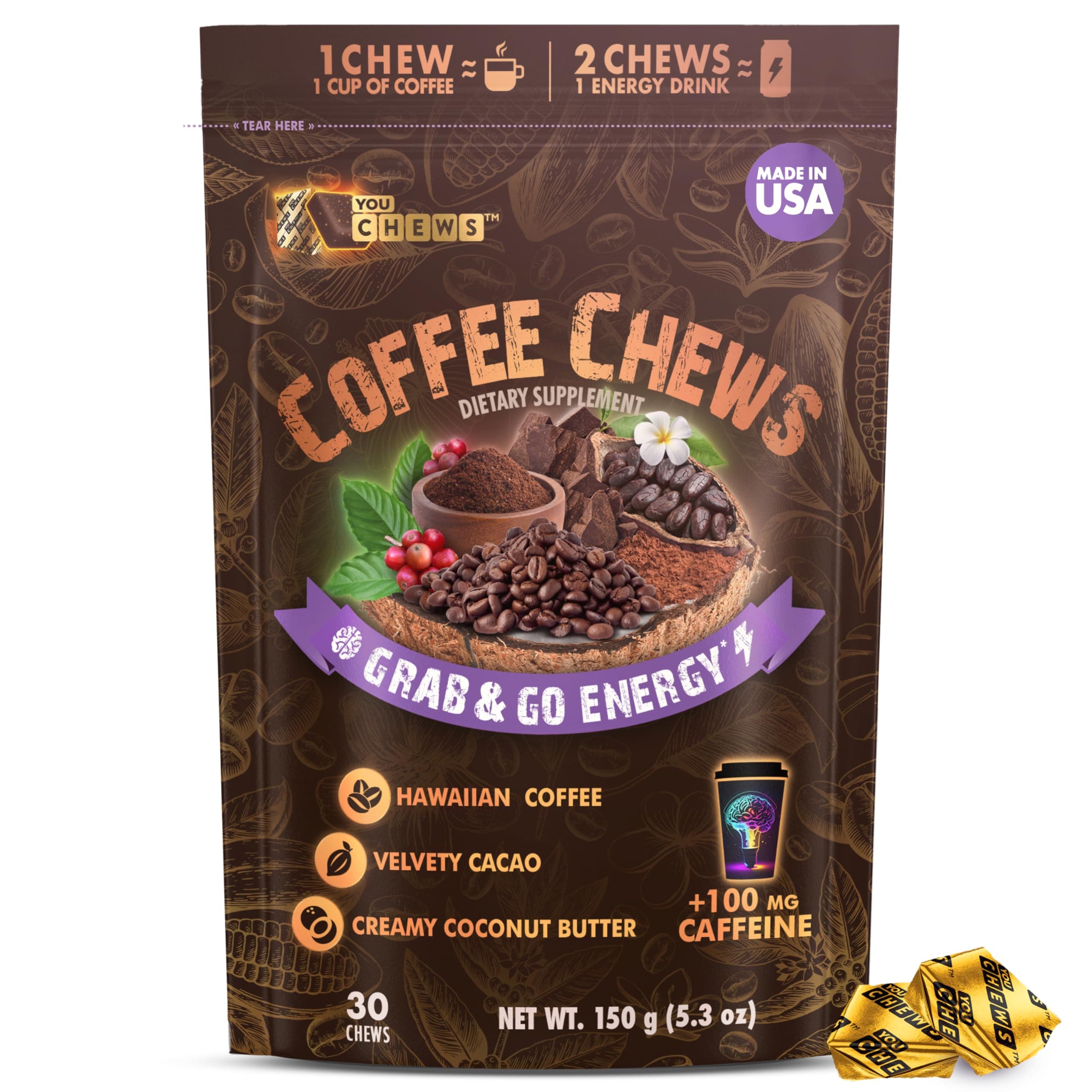 YouChews » Hawaiian-grown gourmet coffee: Rich, bold flavor of Kona Coffee. » Vevelty Cacao: A smooth, rich chocolate experience in every chew.