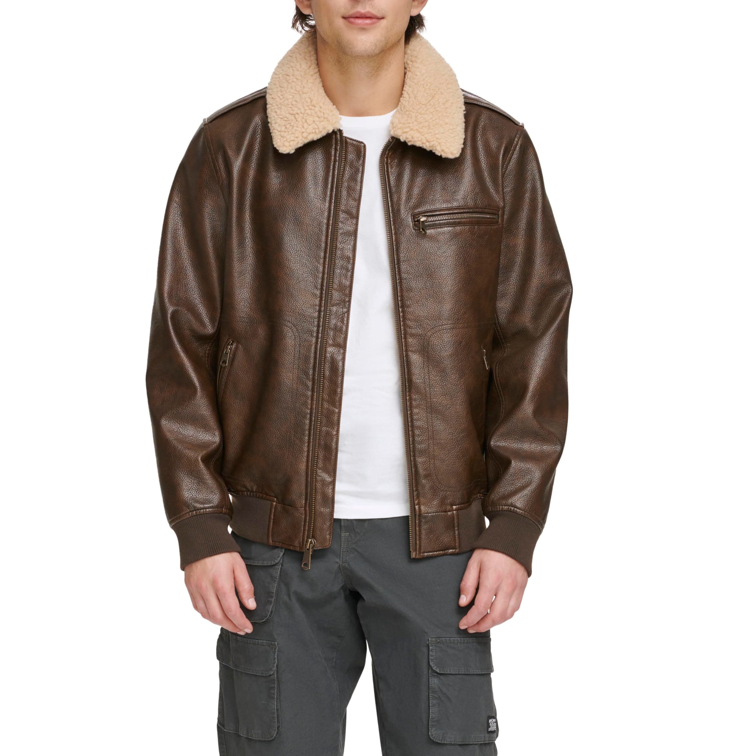 Men's Faux Leather Aviator Bomber Jacket With Sherpa Collar