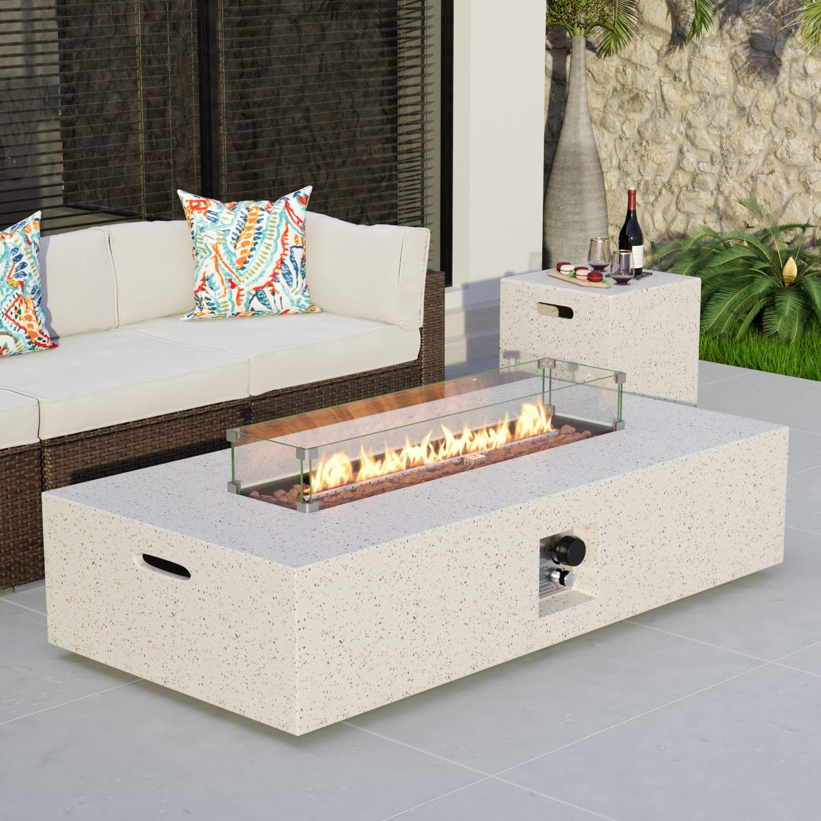 COSIEST 2-Piece Outdoor Propane Fire Table Set, Rectangle Concrete 56-inch x 28-inch Fire Pit (Certified, 50,000 BTU) w 20lb Tank Table, Wind Guard, Waterproof Cover for Garden, Porch, Backyard