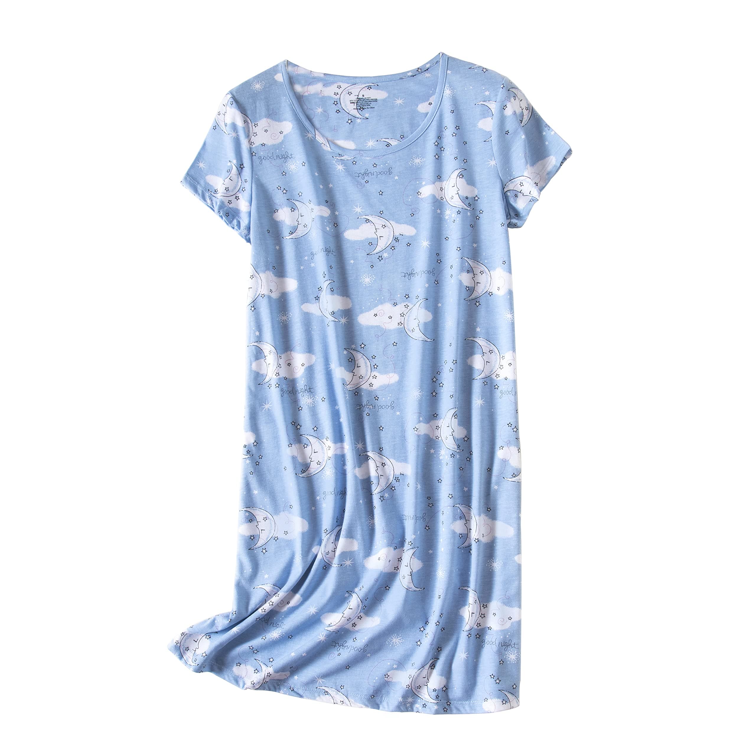 Women's Cotton Nightgown Sleepwear Short Sleeves Nightshirt Casual Print Sleepdress Loose Comfy Pajama