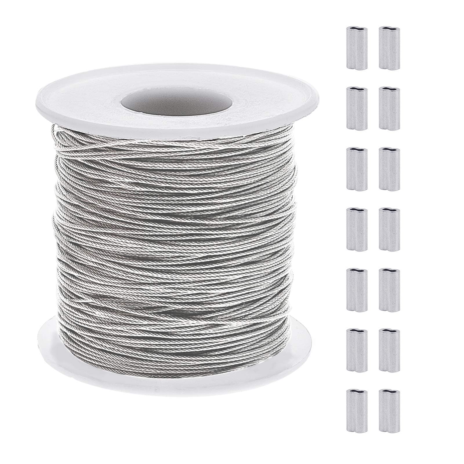 AHANDMAKER 304 Stainless Steel Wire Cable, 393 Ft Length 1/32 Wire Rope with 50 Pcs Rectangle Aluminum Crimping Sleeves for Party Decro String, Clothesline, Easy to Hang
