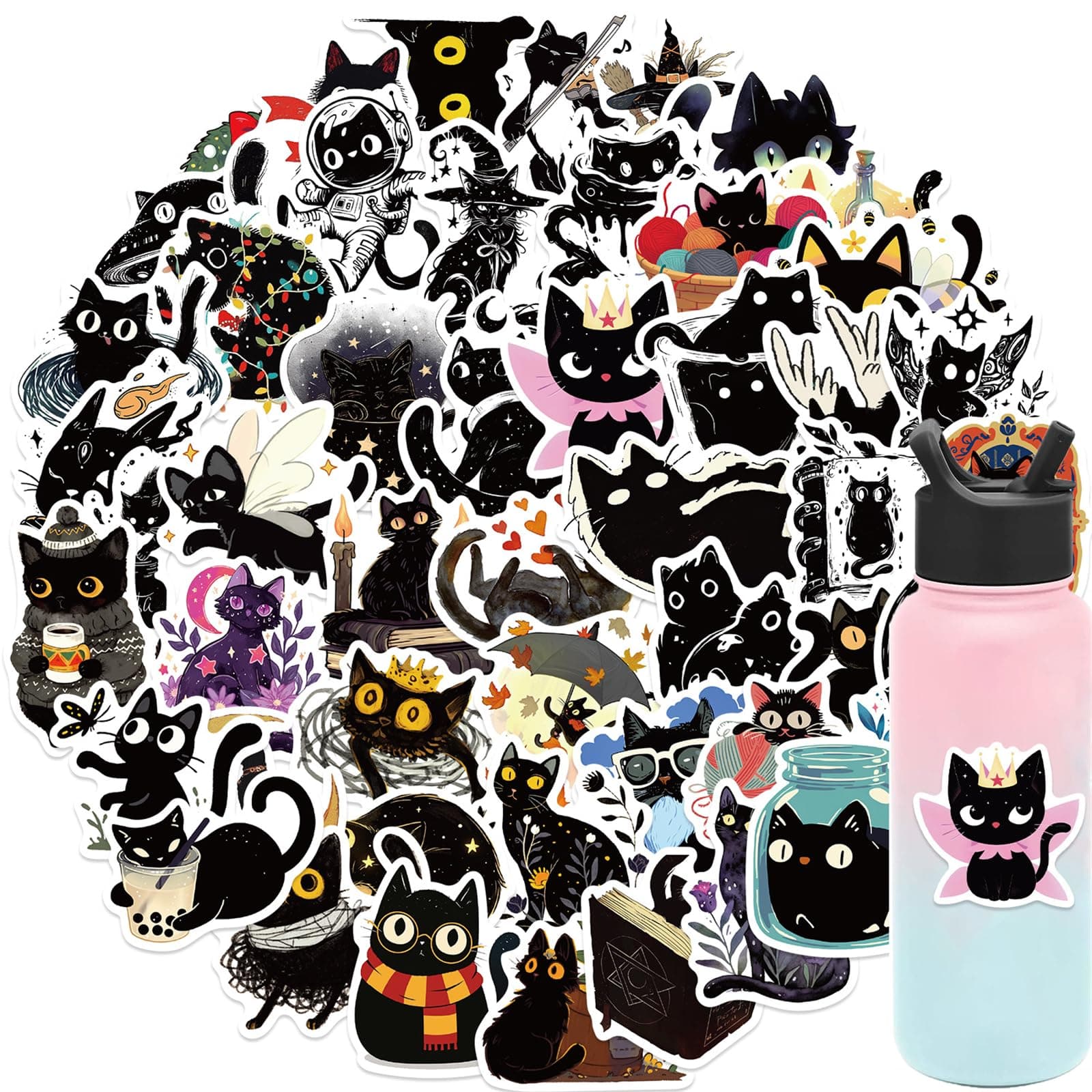 Cute Black Cat Sticker for Kid - Sticker Graphic - Cartoon Stickers for Water Bottles Laptop Cat Meme Stickers Waterproof Aesthetic Vinyl Decals Stickers for Adults Teens
