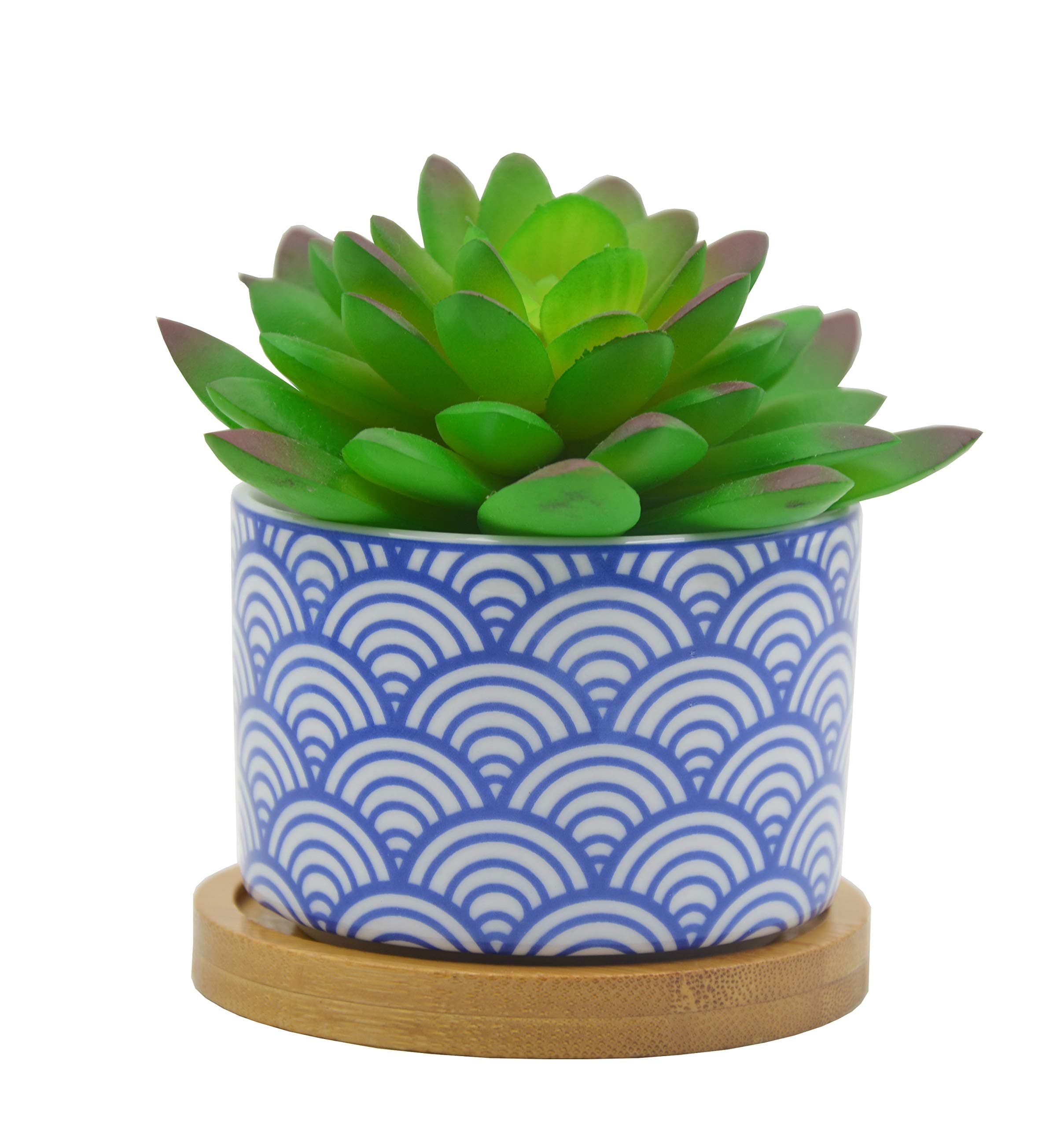 Cute 2.95 Inches Modern Cylindrical Shaped Ceramic Succulent Cactus Flower Plant Pots with Bamboo Tray - Plant Not Included (Japanese Style Blue)