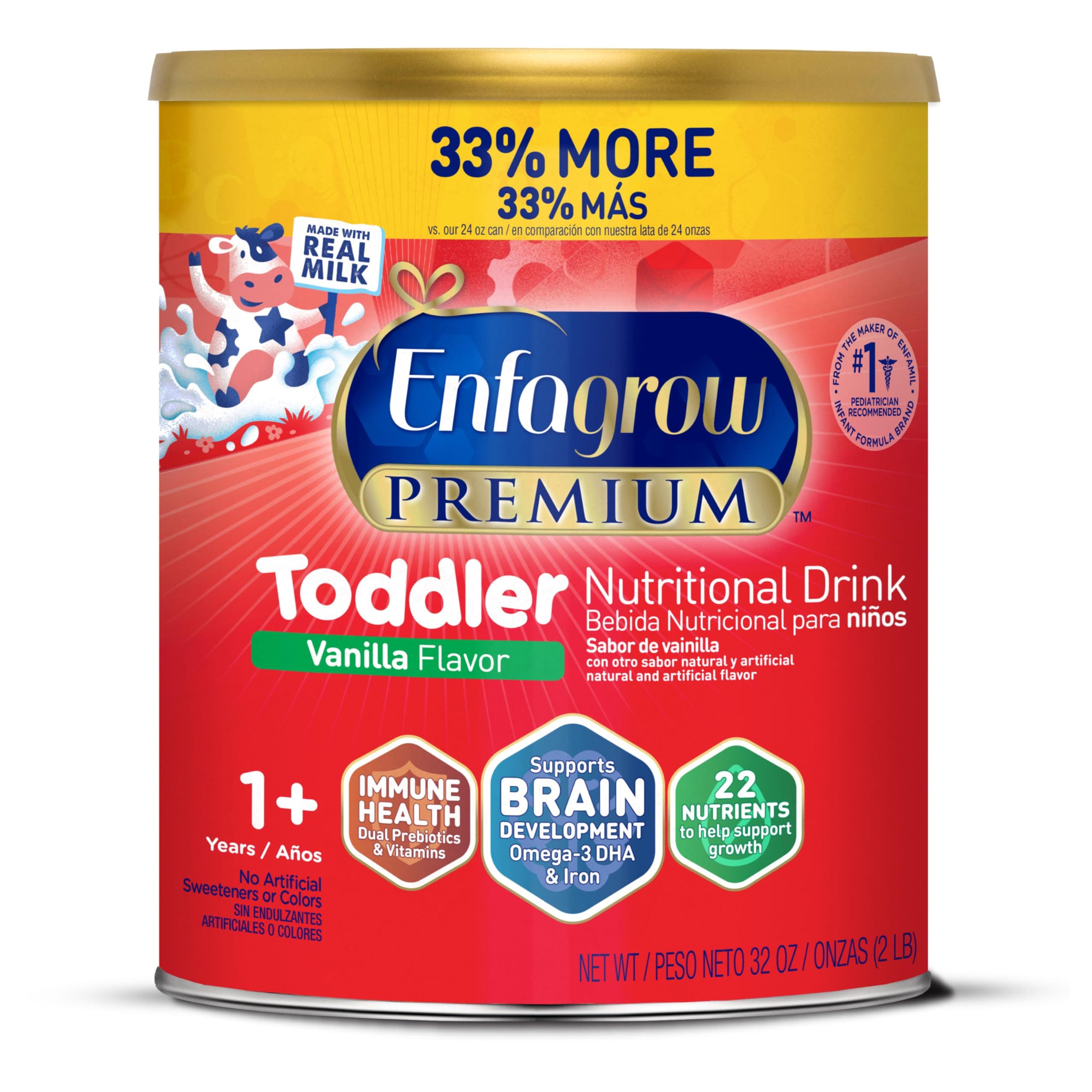Enfagrow PREMIUM Toddler Nutritional Drink, Natural Vanilla Flavor, Omega-3 DHA for Brain Support, Prebiotics & Vitamins for Immune Health, Powder Can, 32 Oz