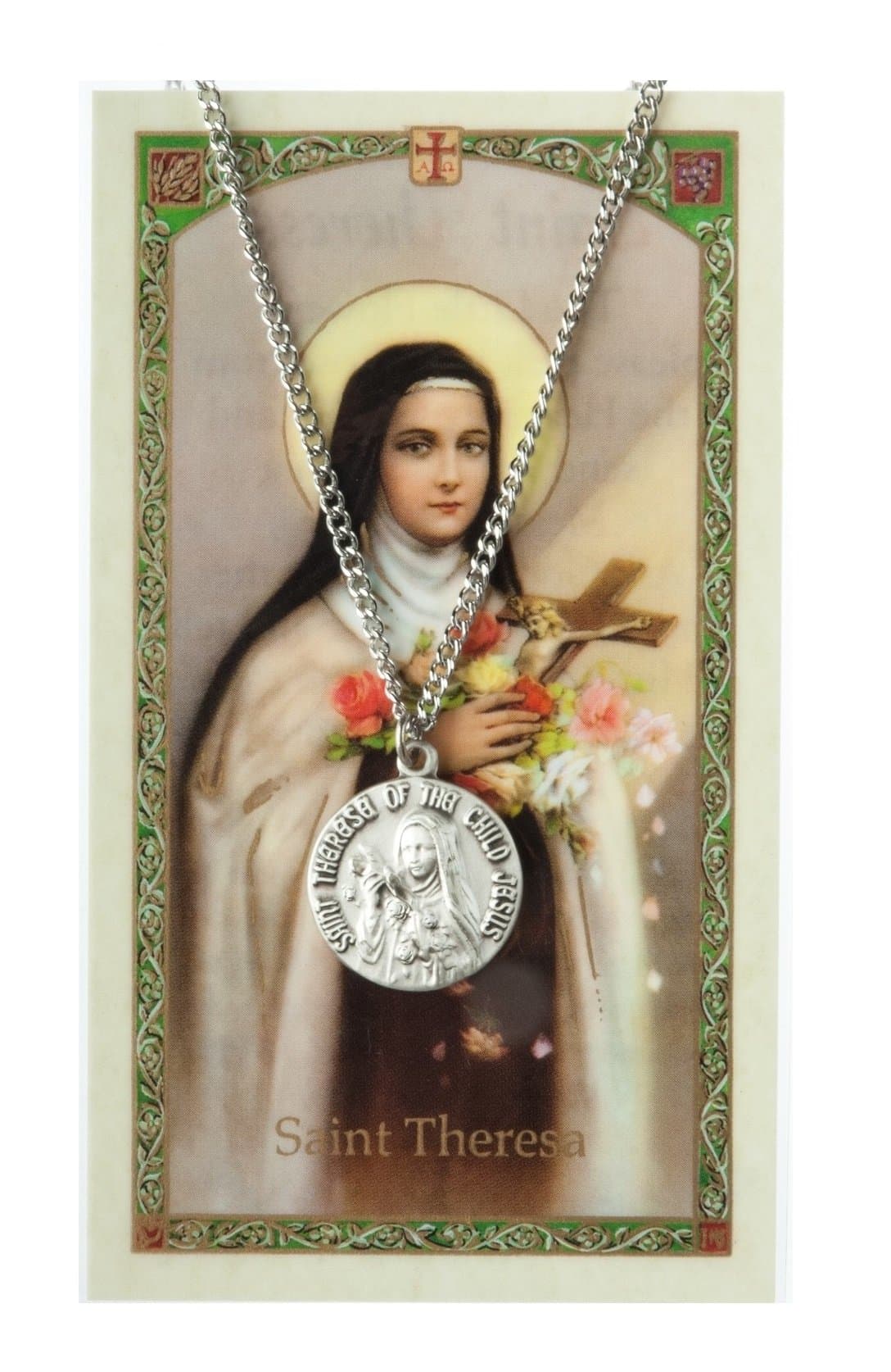 Inspire Nation St Theresa Little Flower Pendant Medal Pewter on 18 inch Chain with Prayer Card