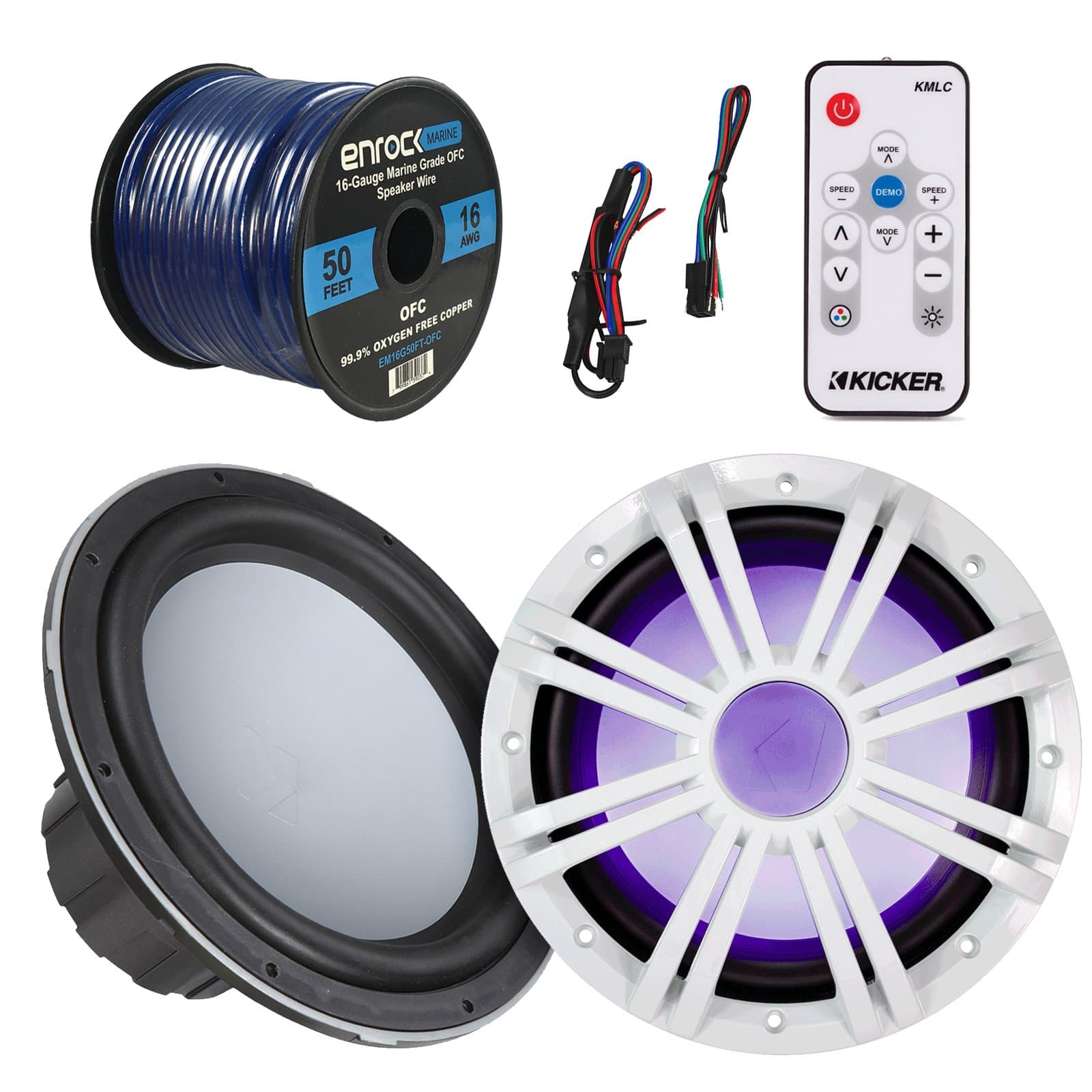Marine Speaker & Sub Combo - Kicker KMW10 10-Inch RoHS Compliant Boat Yacht Subwoofer, Bundle with White LED Woofer Grill + LED Light Remote Controller + Enrock 50 Feet 16 Gauge Speaker Wire