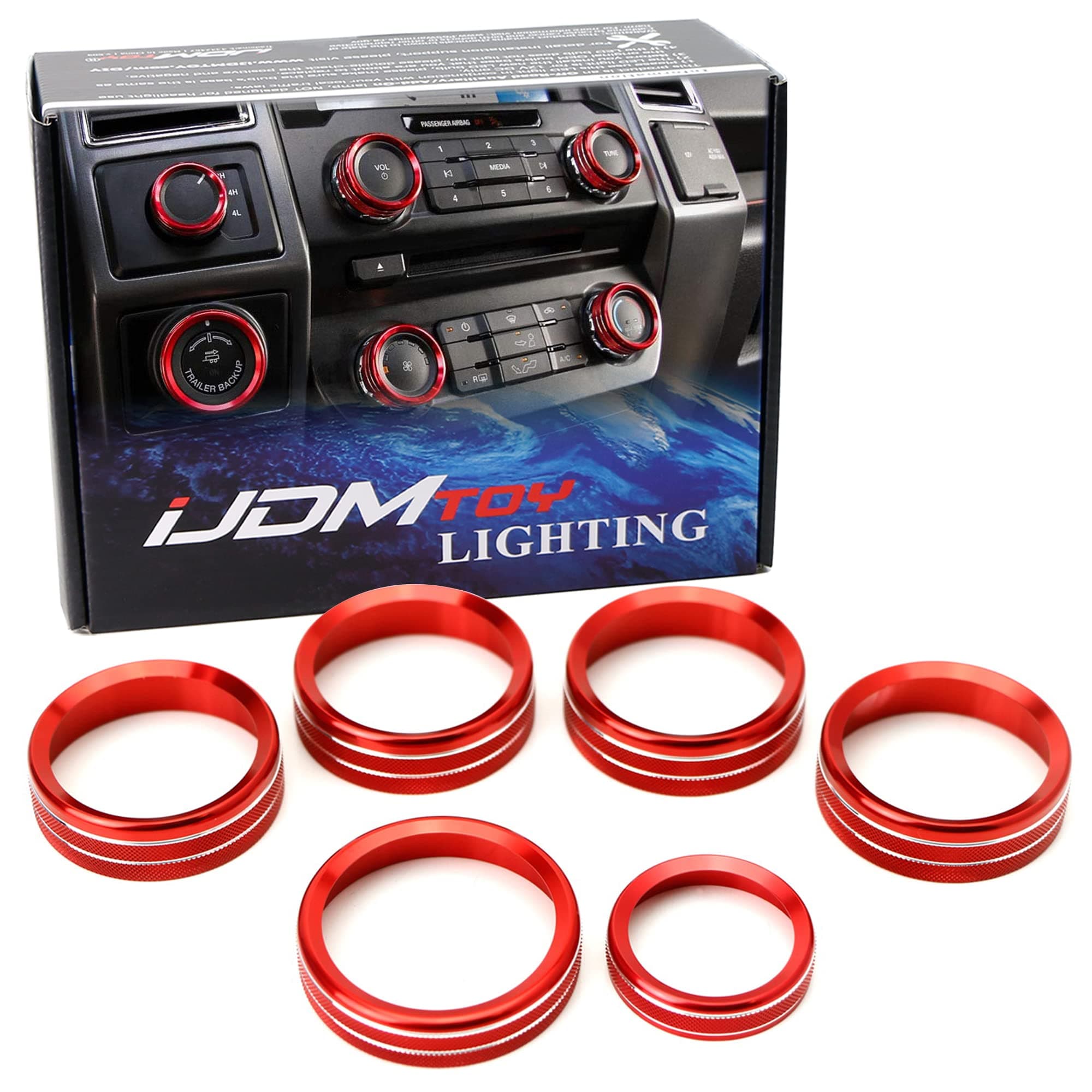iJDMTOY 6pc Sports Red Aluminum Air Conditioner Stereo Volume/Tune Trailer/4WD Switch Turner Ring Covers Compatible with 2016-2020 Ford F-150