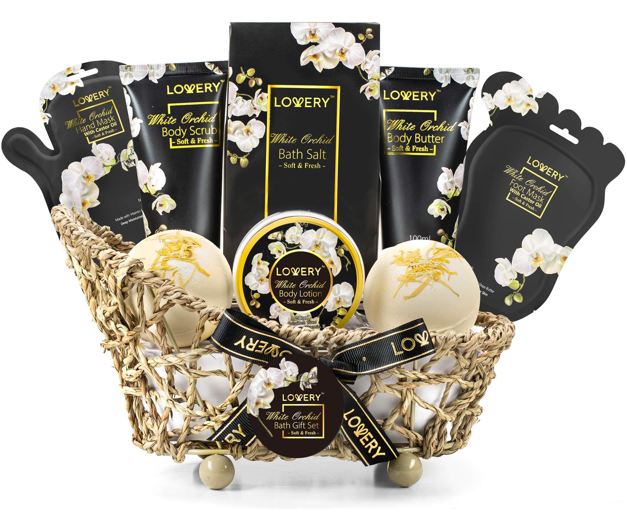 LOVERY Spa Bath Set for Women, Men, Teens - White Orchid Home Spa Set with Vitamin E and Shea Butter with Body Butter, Body Scrub, Lotion, Ex-Large Bath Bombs, Salts, Pair of Hand & Foot Masks