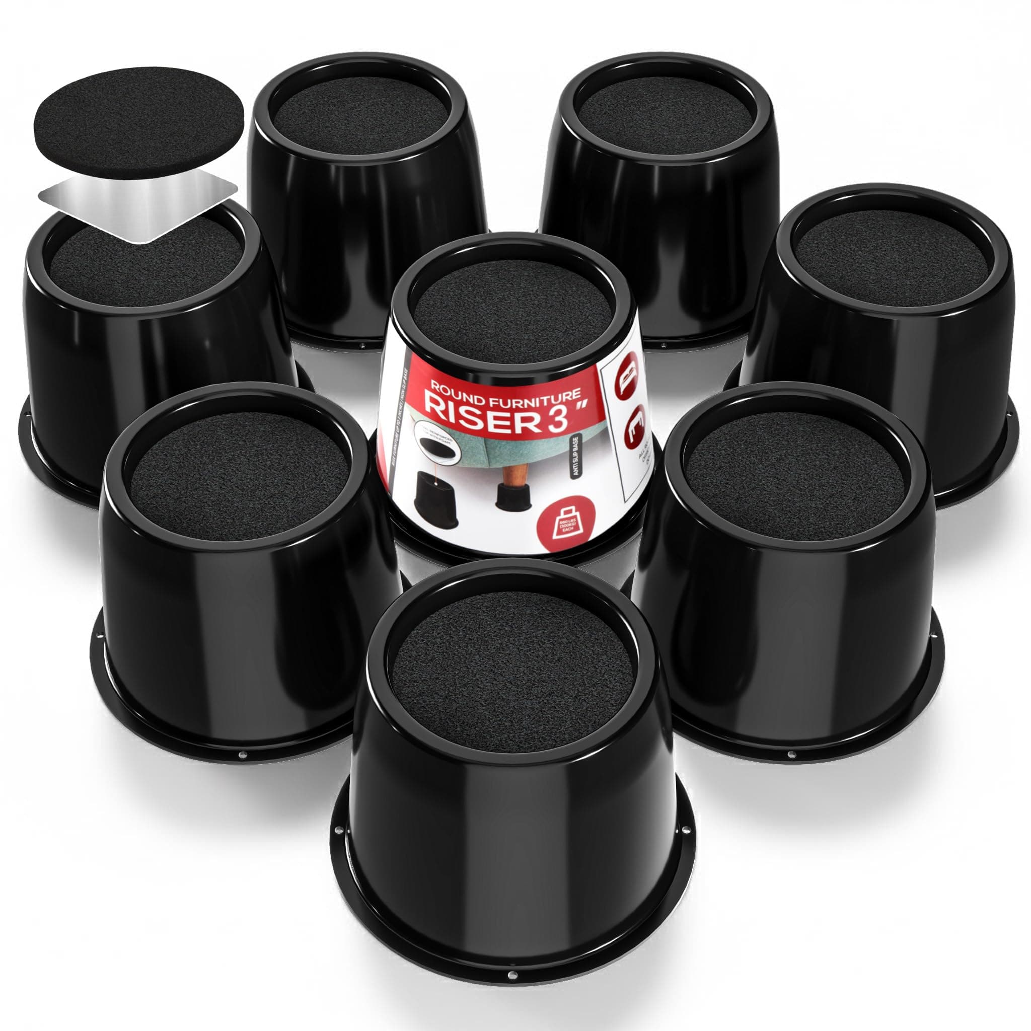 Utopia Bedding Bed Risers 3 Inch - 8 Pack - Round Furniture Risers with Top Anti-Slip Foam with Metal Plate & Bottom Rubber Pads - Bed Risers Heavy Duty for Sofa, Couch & Chair Lifts (Black)