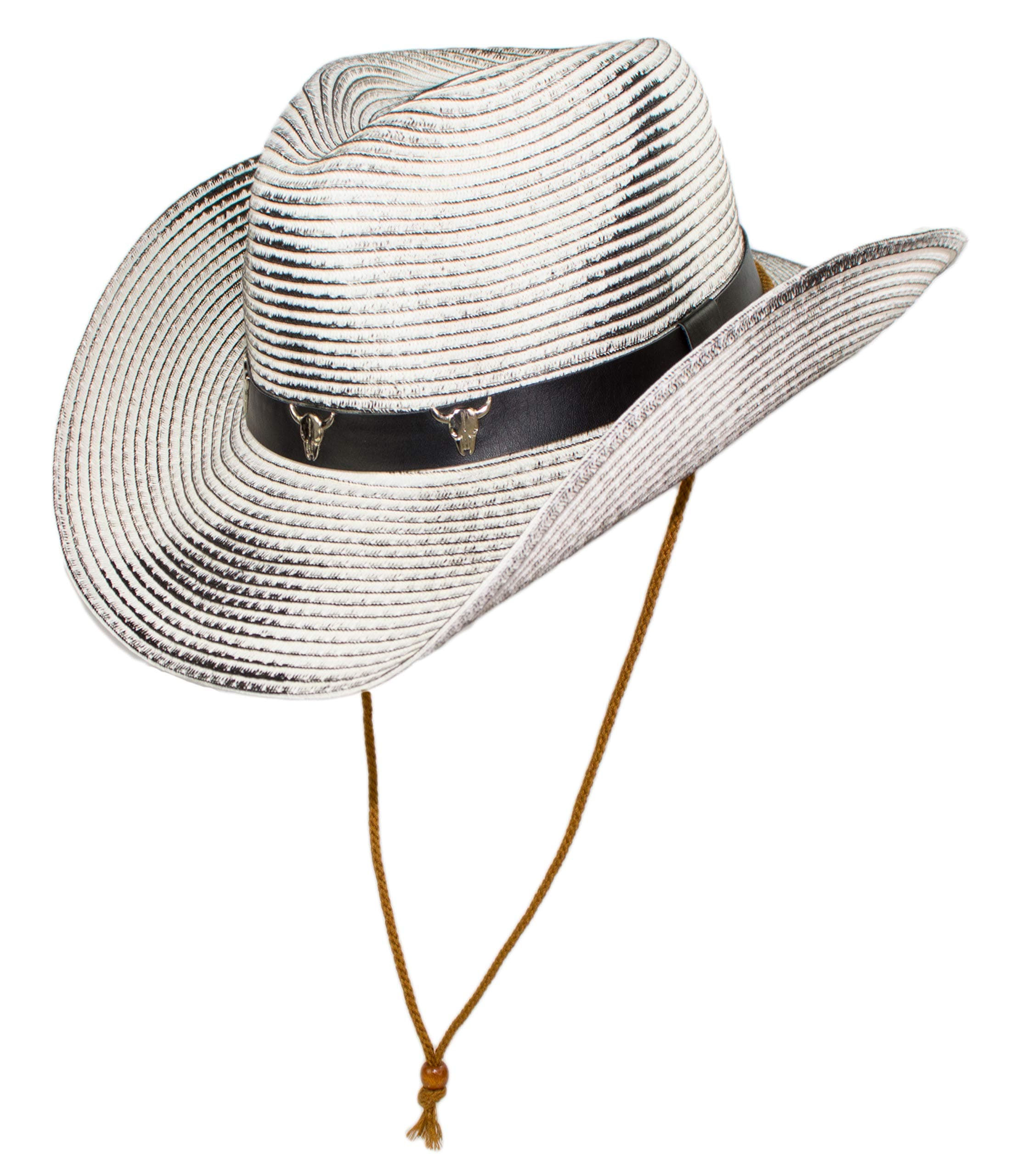 Rising Phoenix Industries Western Rustic Rodeo Shapeable Straw Cowboy Hat with Chin Strap, Black Hatband with Longhorn Skeletons