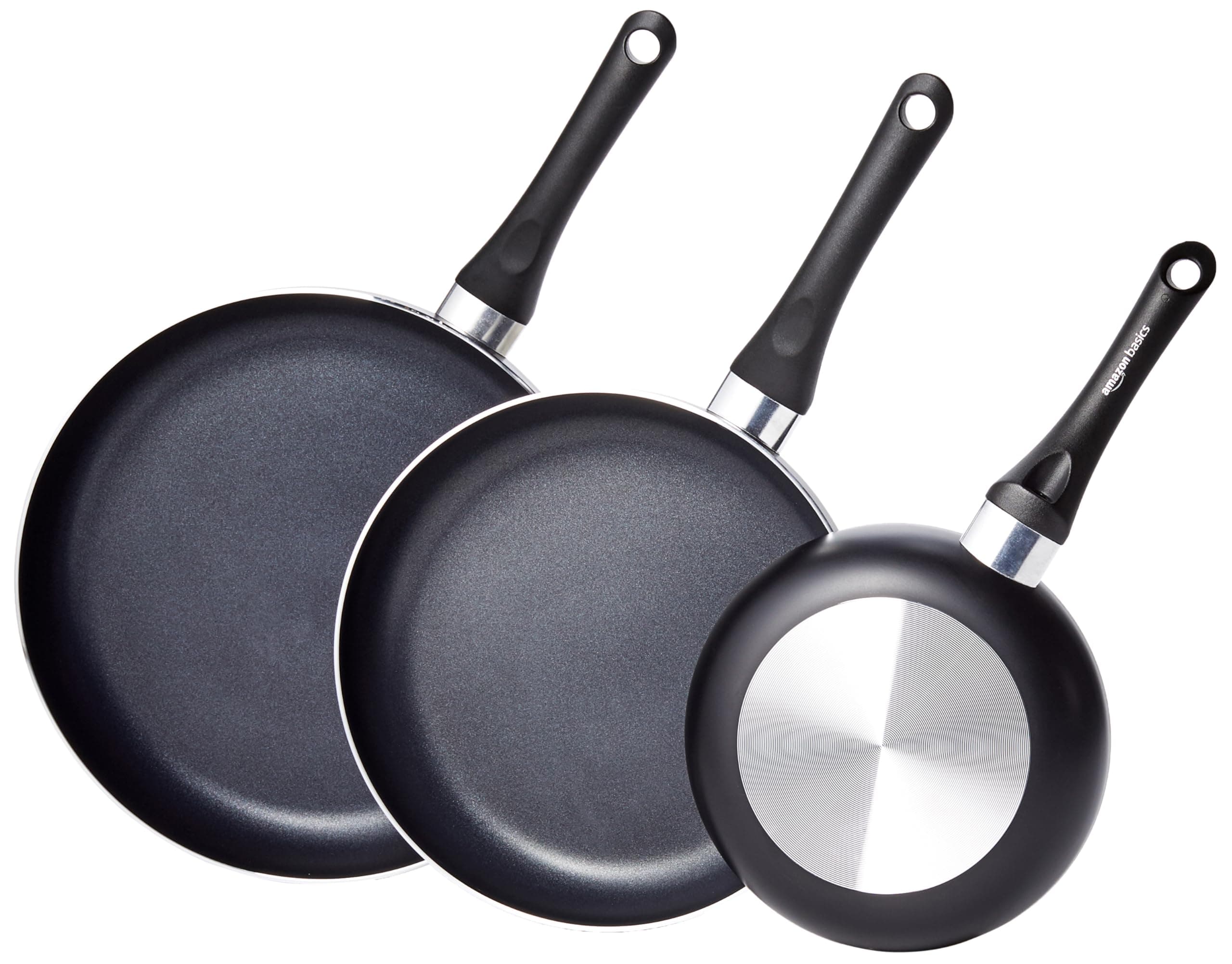 Amazon Basics Non-Stick 3-Piece Frying Pan Set with Stay Cool Handles, 8-inch, 10-inch, 12-inch, Black