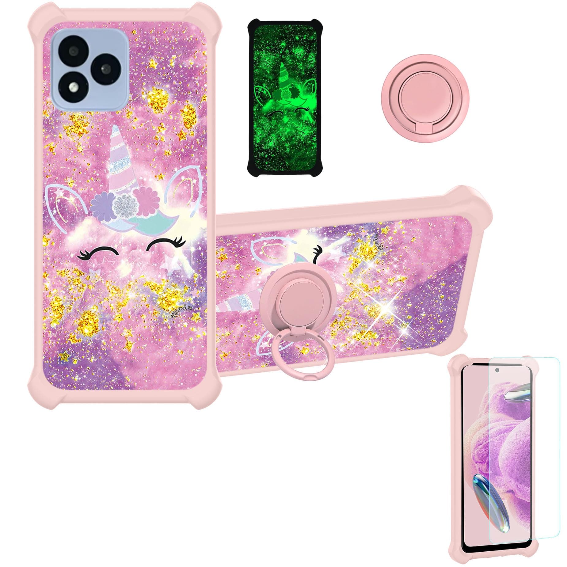 Case Compatible for Vortex J24 Phone Case Cover [with Tempered Glass Screen Protector][Hard PC + Soft Silicone][Ring Support] [Gold Glitter+Luminous] JSF-DJS