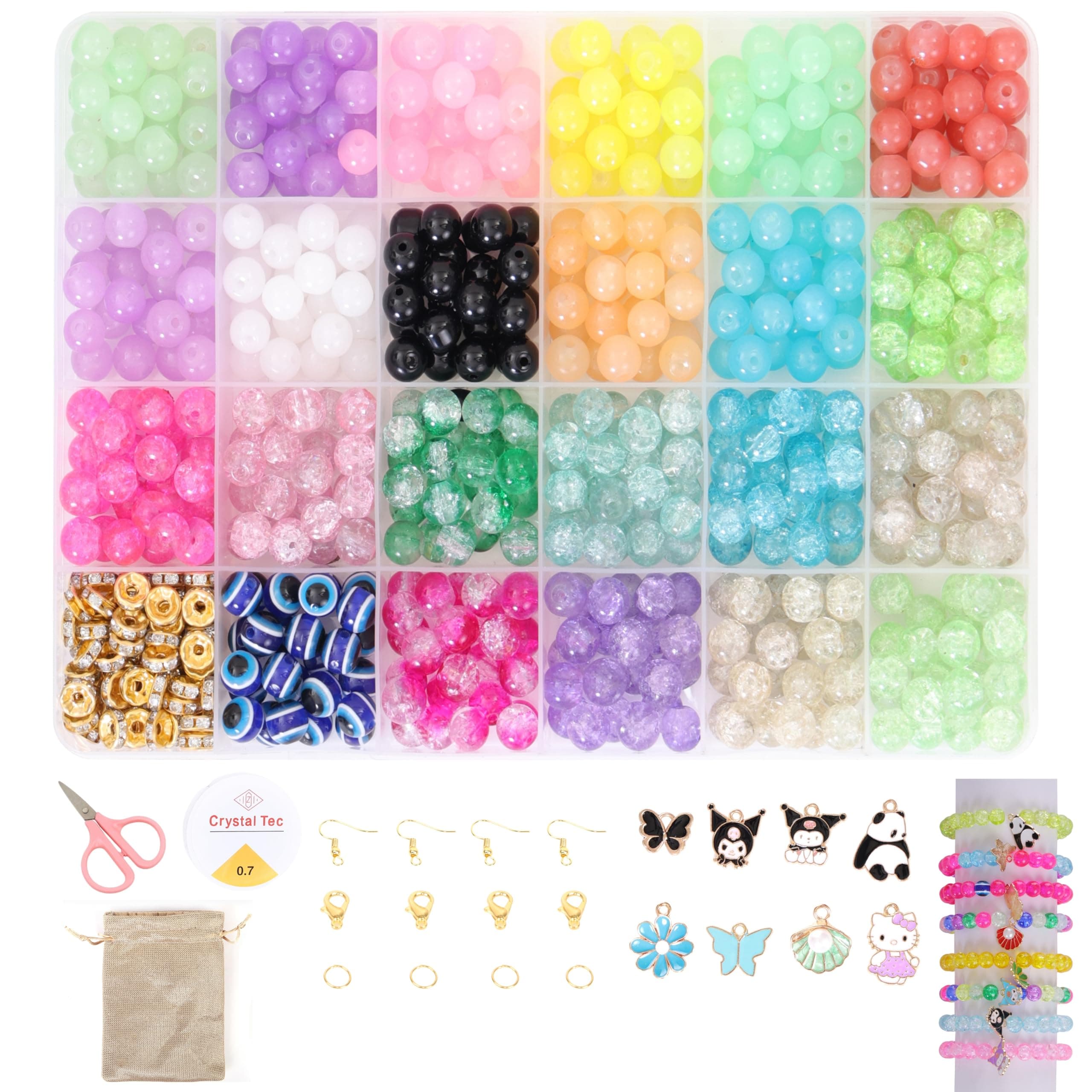 Ambitieux Children Jewelry Making Craft Bracelet Kits set for Kids - DIY 24 Compartment Box, 400+ Colorful Beads, Ear Hangings, Lobster Locks & Rings , 8 Pcs of Charms With Accessories - Birthday Gift for Girls 4 5 6 7 Years Packed in a sturdy corrugated box(Glass Beads Kit)