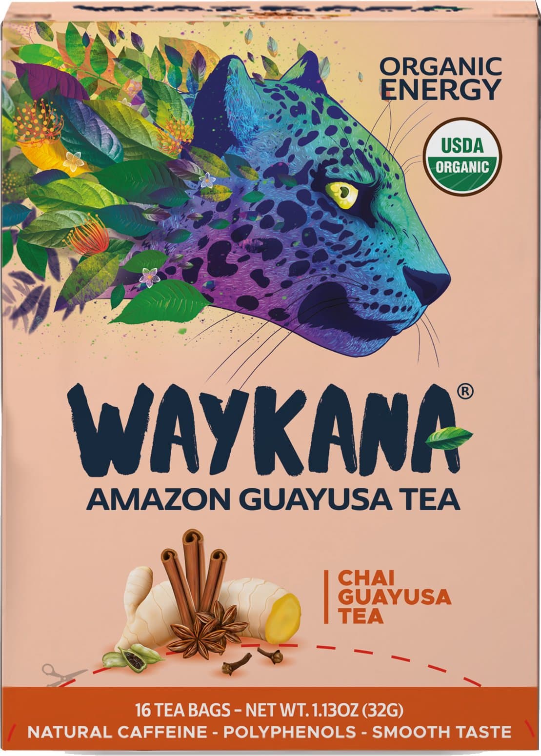 Organic Guayusa Chai Tea Bags by Waykana, 16 counts | Alternative to Yerba Mate, Coffee and Green Tea: Smooth Flavor No Bitter | Boost Performance, Energy & Mental Clarity
