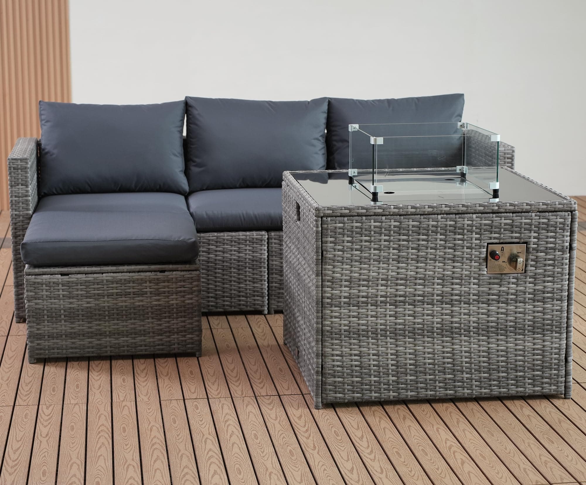 Corner Rattan Garden Furniture Set with Fire Pit Table - Outdoor Patio furniture Conservatory Sofa sets - RAIN COVER INCLUDED (Grey, L Shape - Fire Pit Coffee Table)