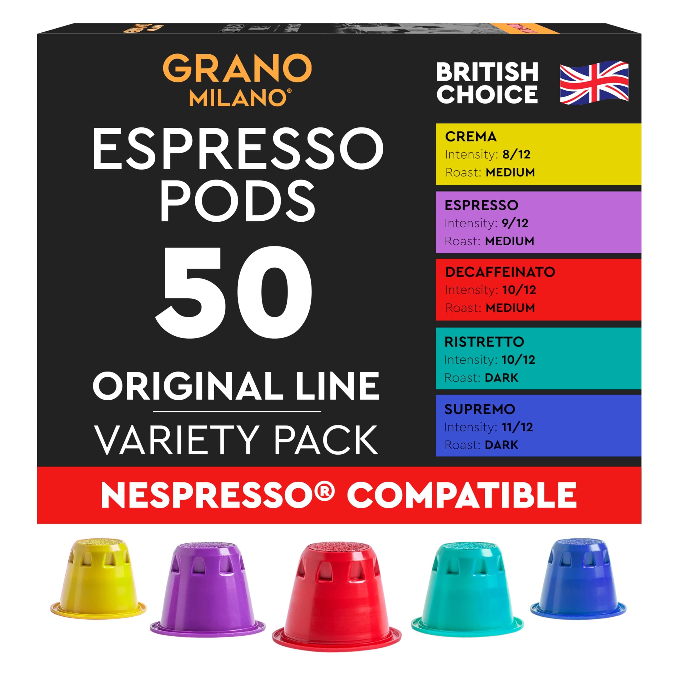 Grano Milano Variety Pack with Decaf Coffee Capsules - 50 Pods Compatible with Nespresso Original line, Medium and Dark Roast, Espresso Coffee Capsules Made in Italy