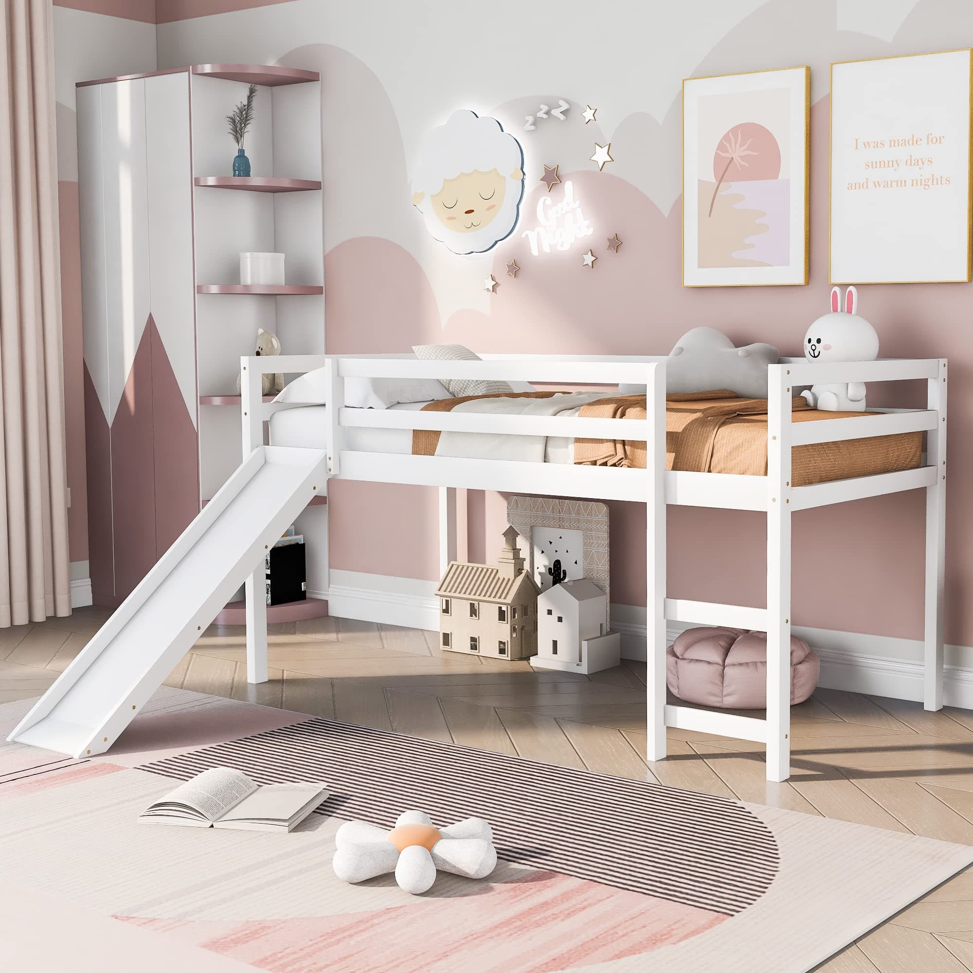 Bellemave Low Loft Bed with Slide,Wood Twin Size Loft Bed for Kids,Wood Low Loft Bed Frame with Climbing Ladder & Safety Guard Rail.(White)