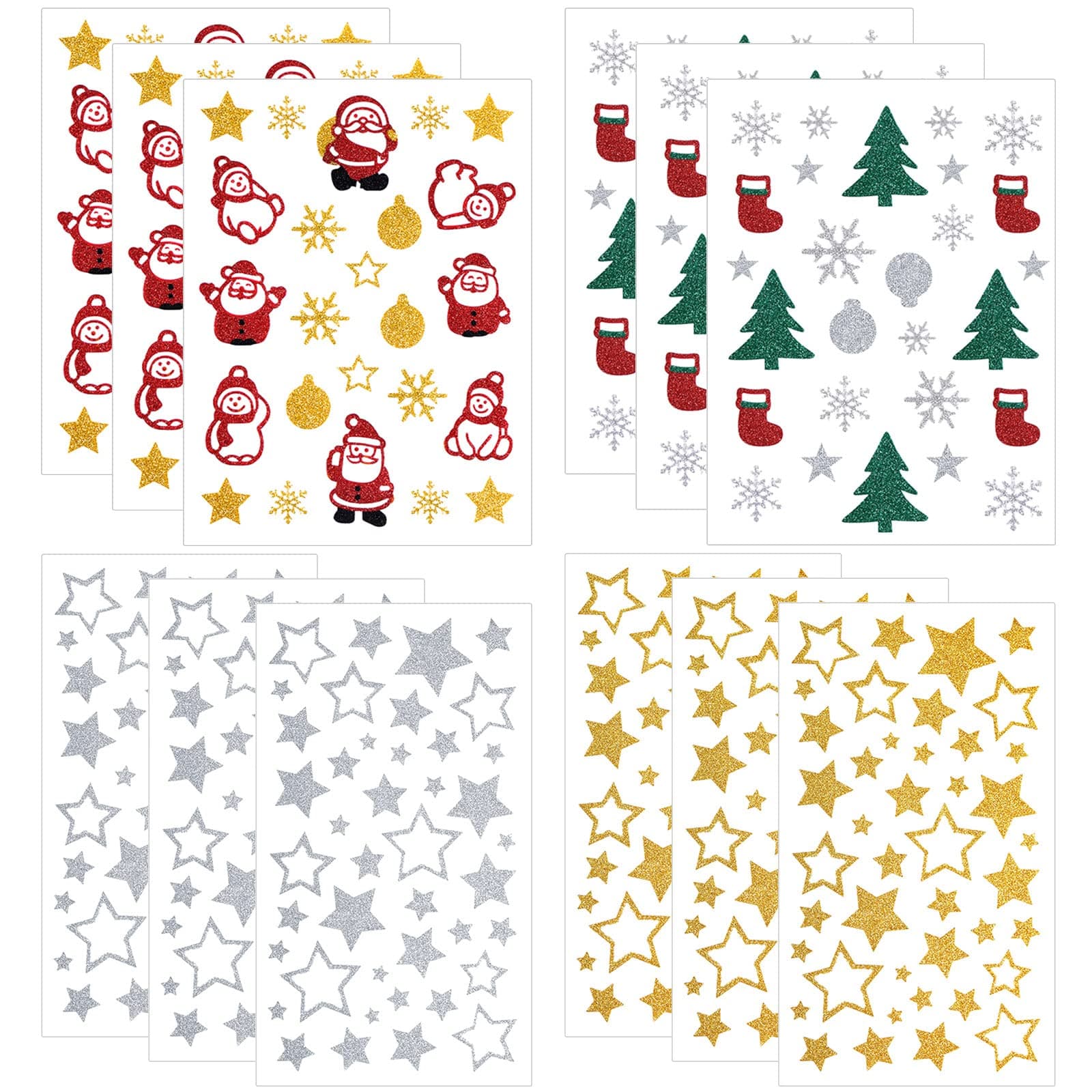 Glitter Christmas Stickers Bulk 12 Sheet Self-Adhesive Santa Claus Xmas Tree Star Snowflake Snowman Holiday Vinly Label for Kids Adult Cards Crafts Home Party Favor Gift Scrapbook Envelope Decorations