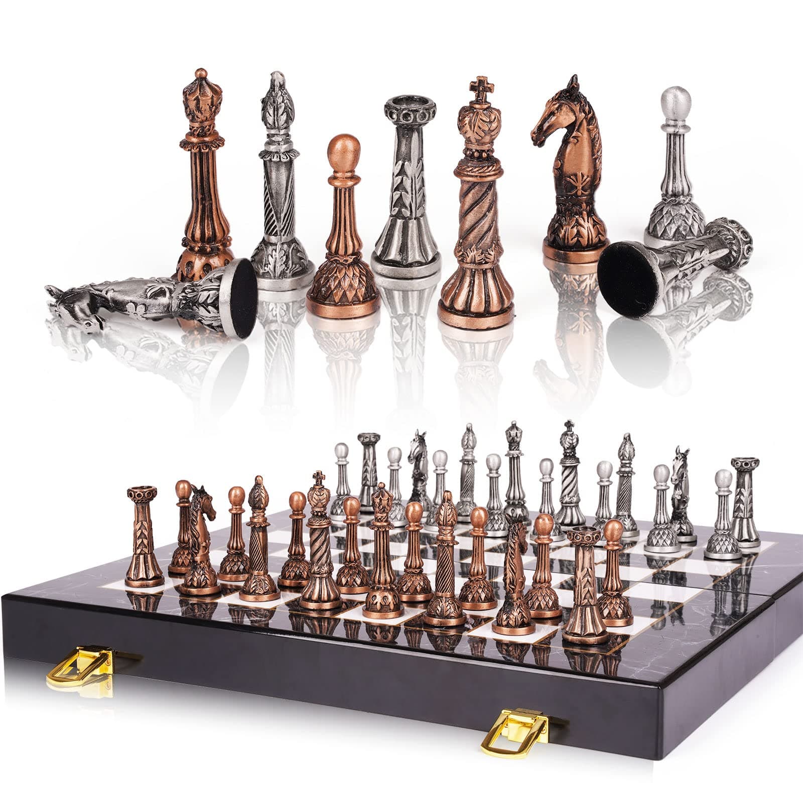 Agirlgle Retro Metal Chess Set for Adults and Kids – Marbling Chess Board with Chess Pieces – Travel Chess Set with Metal Pieces – Folding Chessboard – Ideal for Beginners and Professional Players