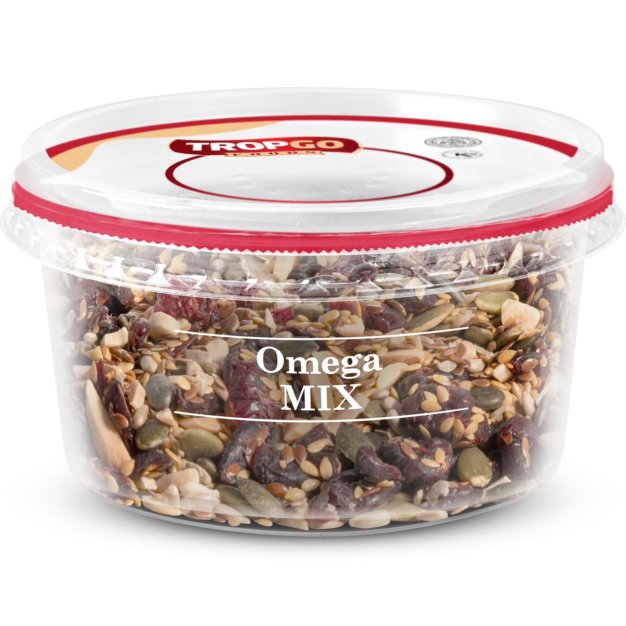 Tropgo Omega Mix 200g - Premium Nuts, Seeds, and Dried Fruit in Resealable and Recyclable Tub - Contains Fibre, Protein, and Essential Minerals - Wholesome Trail Mix - Healthy Snacks