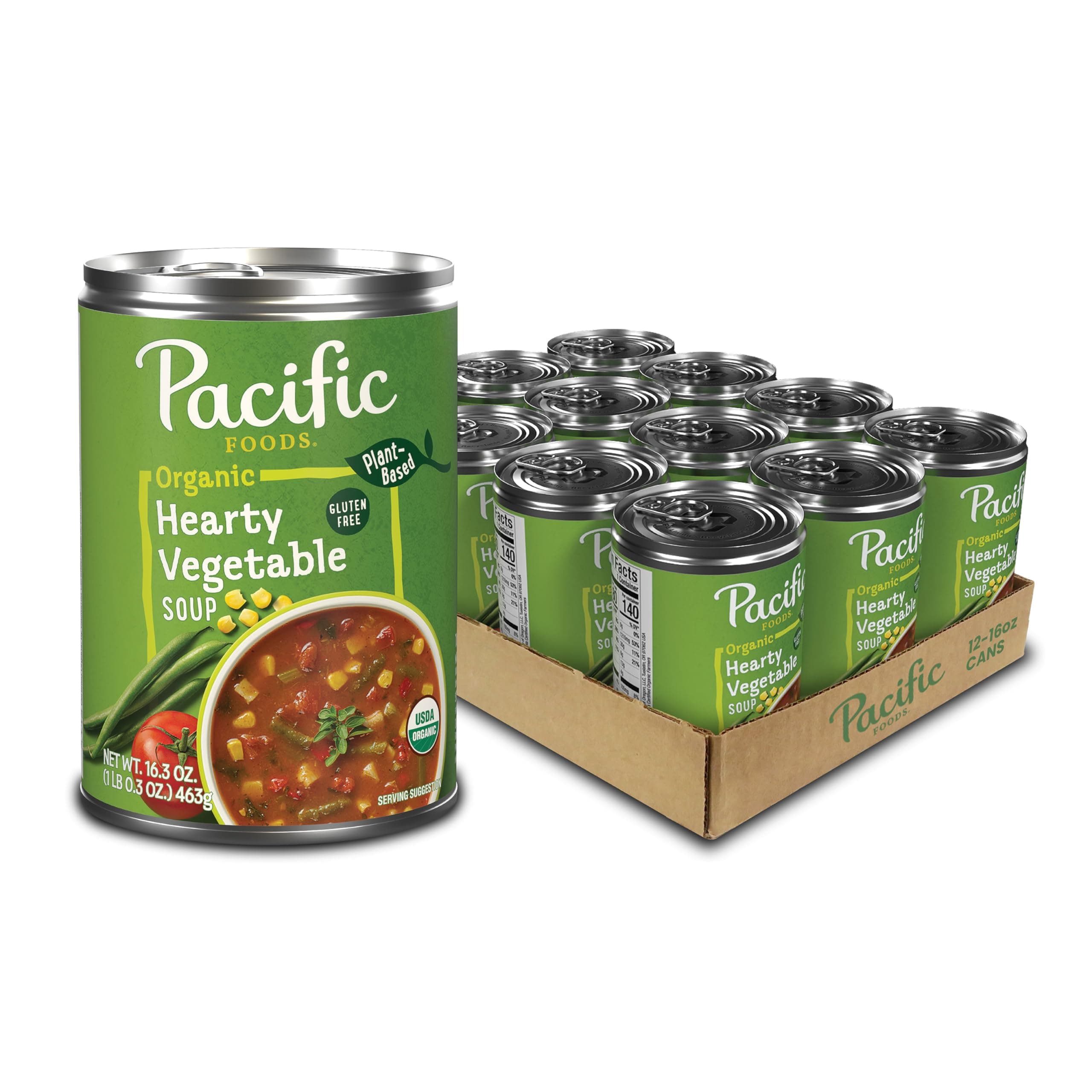 Pacific Foods Organic Hearty Vegetable Soup, Plant Based, 16.3 oz Can (Pack of 12)
