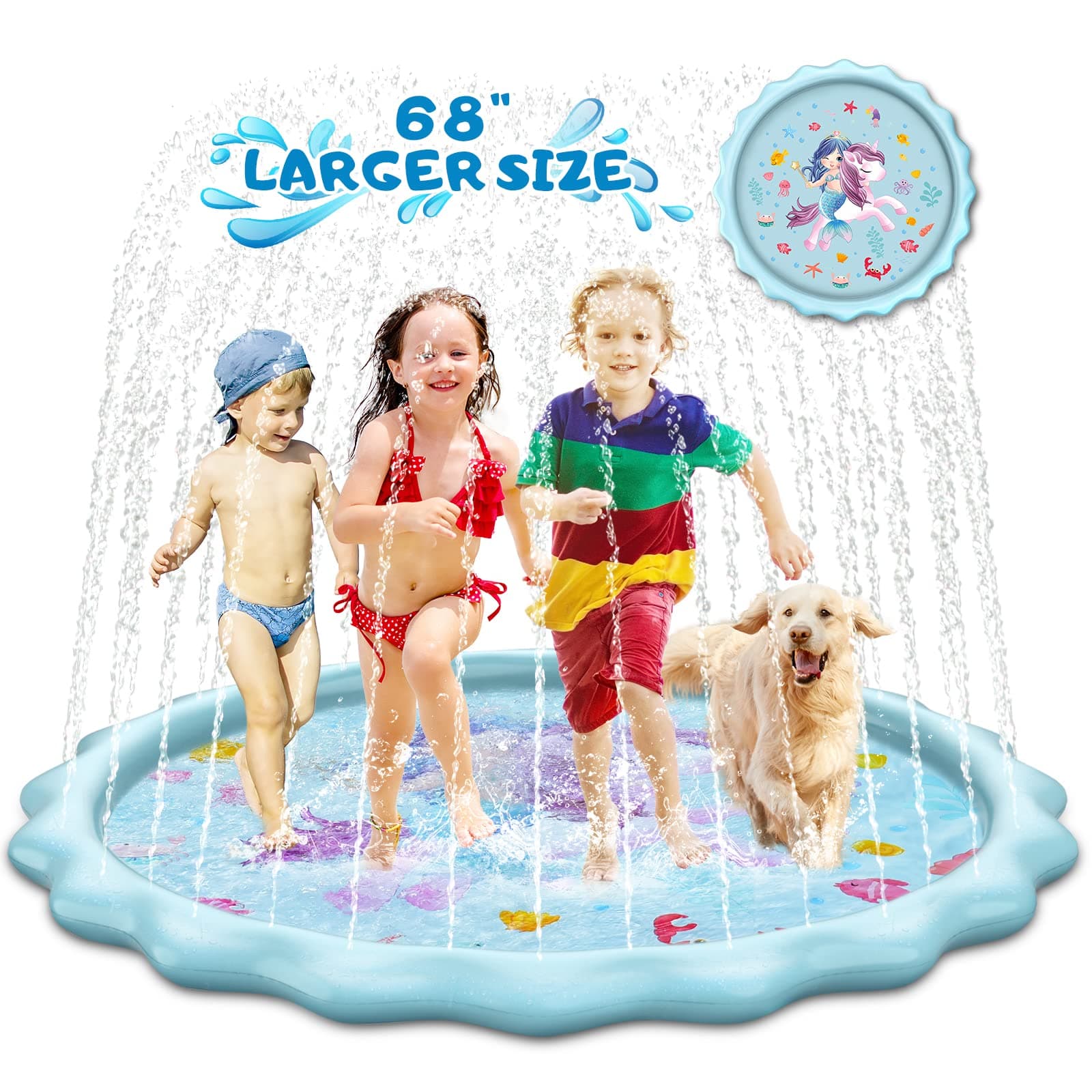 Splash pad, Sprinkler for Kids and Toddlers Mat Summer Outdoor Water Toys 3-in-1 68" Water Sprinkler Kiddie Baby Swimming Pool for Fun Games Learning Party 1-12 Years Children Babies Boys Girls Dogs