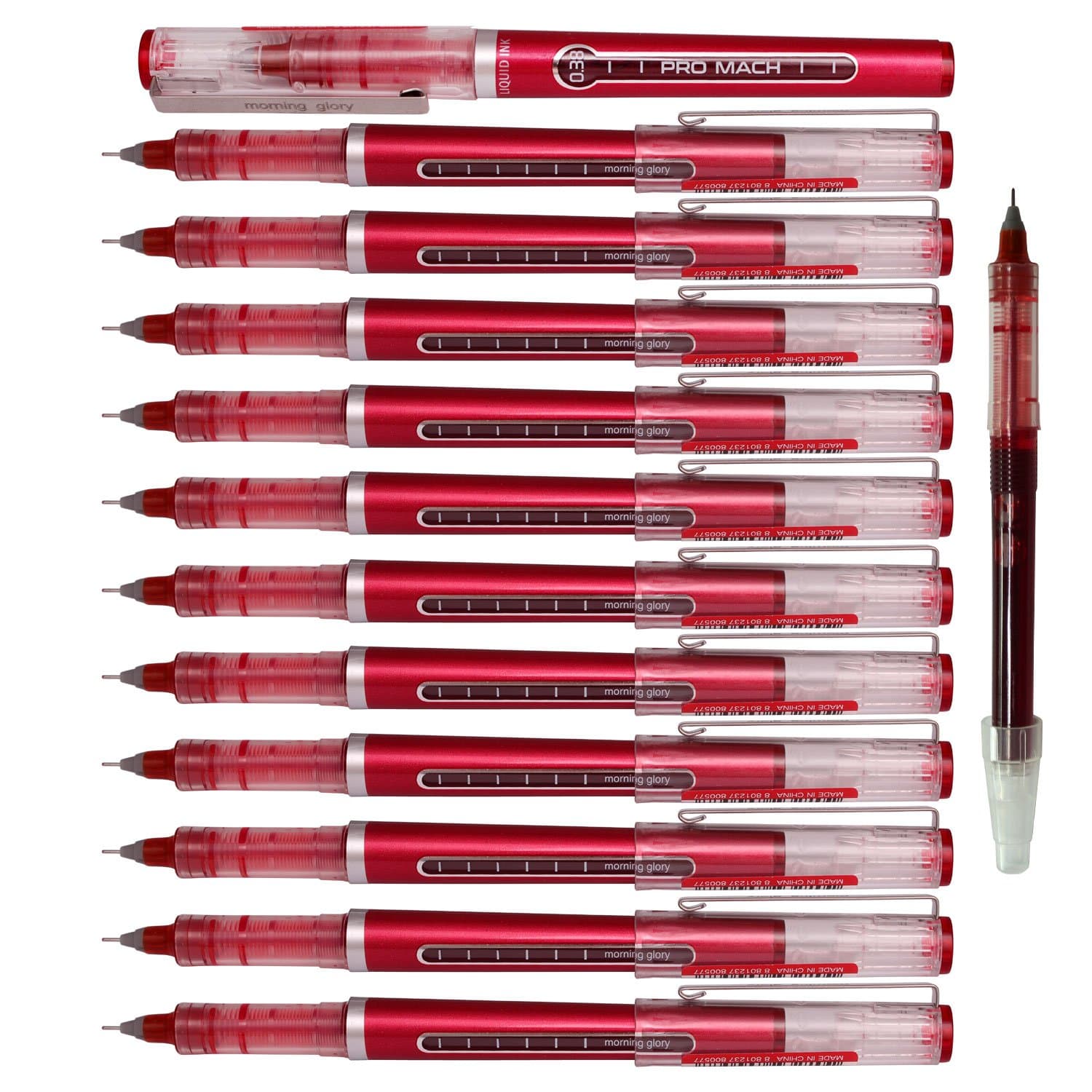 Morning Glory Pro Mach Roller Ball Pen - 0.38 mm-Fine Point Tip (Pack of 12 Pens) 1 Refill (Red)
