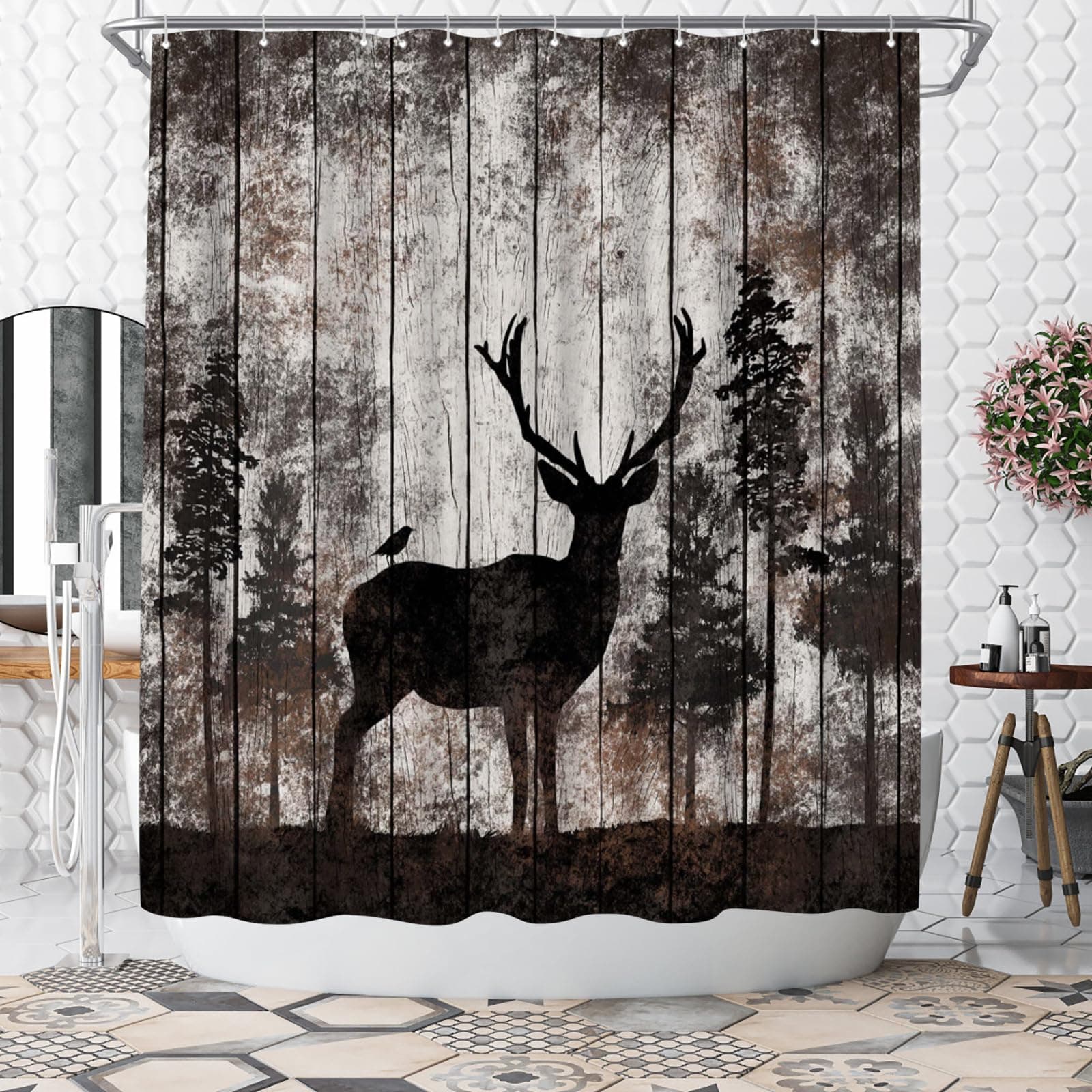 WELMECO Rustic Shower Curtain Cabin Shower Curtain Deer Print Bathroom Decor 72x72inch Polyester Fabric