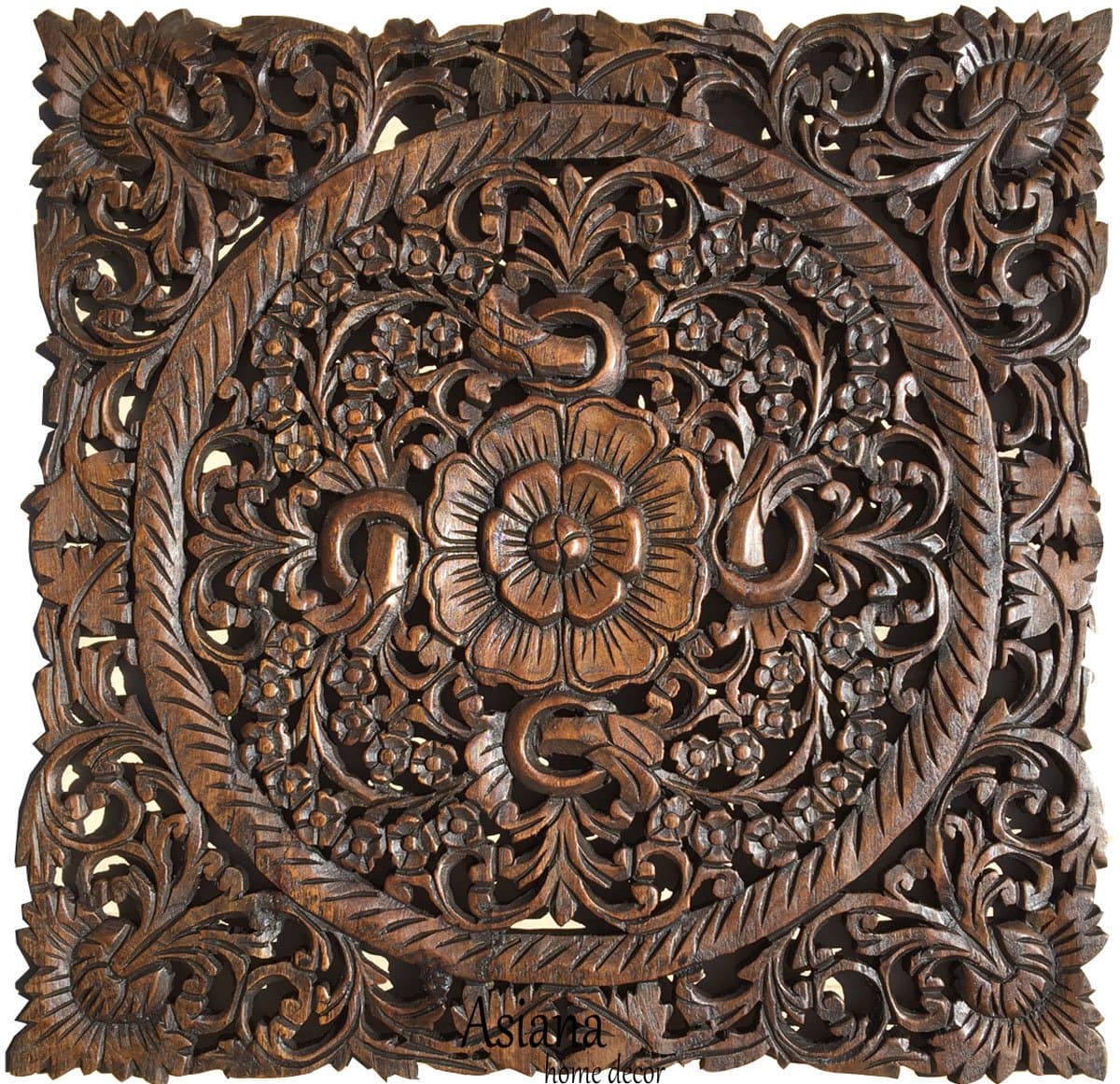 Carved Wood Wall Art- Oriental Carved Lotus Wood Plaque 24"x24"x0.5" (Dark Brown)