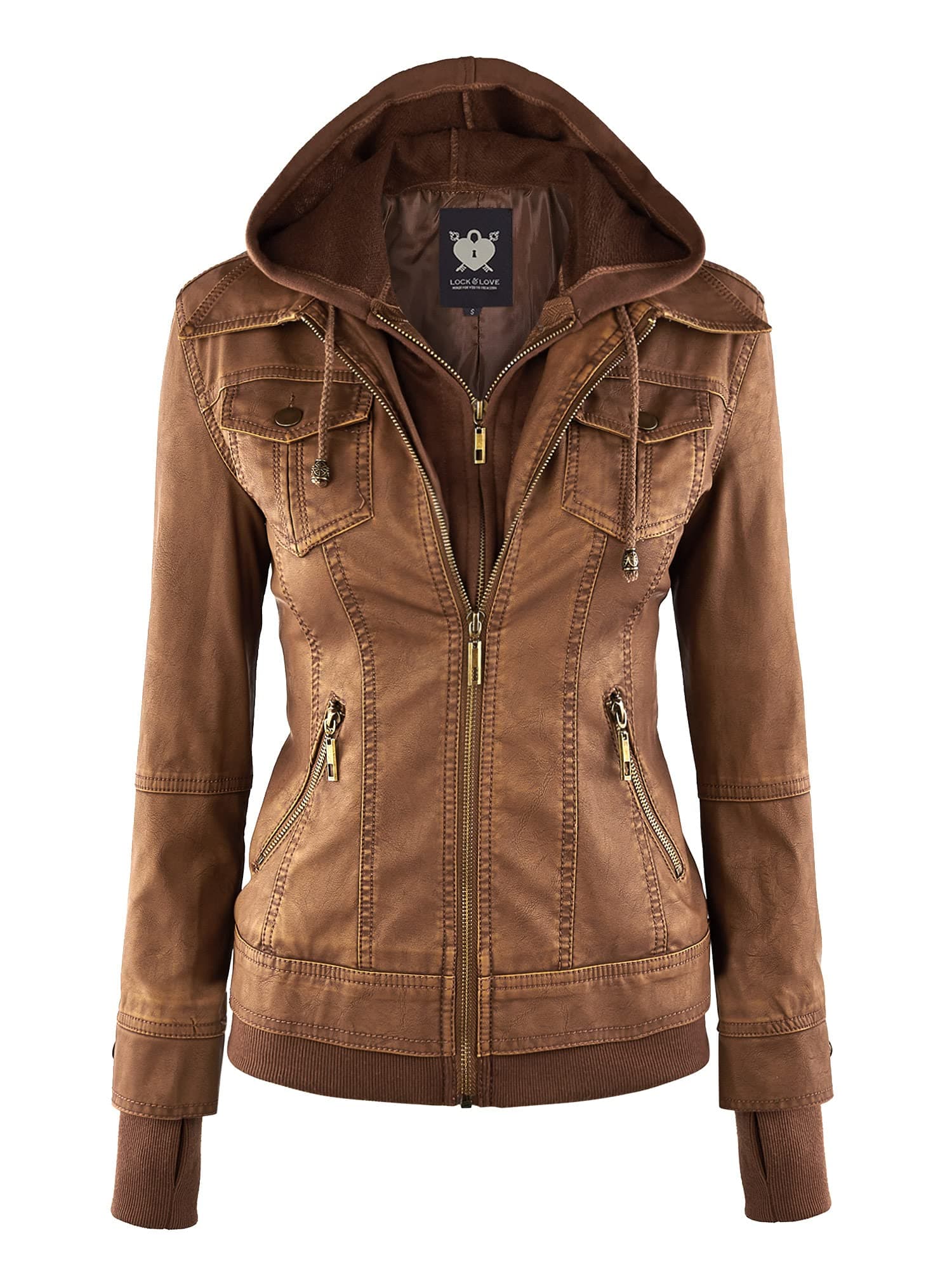 Lock and Love Women's Faux Leather Moto Biker Jacket Coat with Removable or Non-Removable Hood