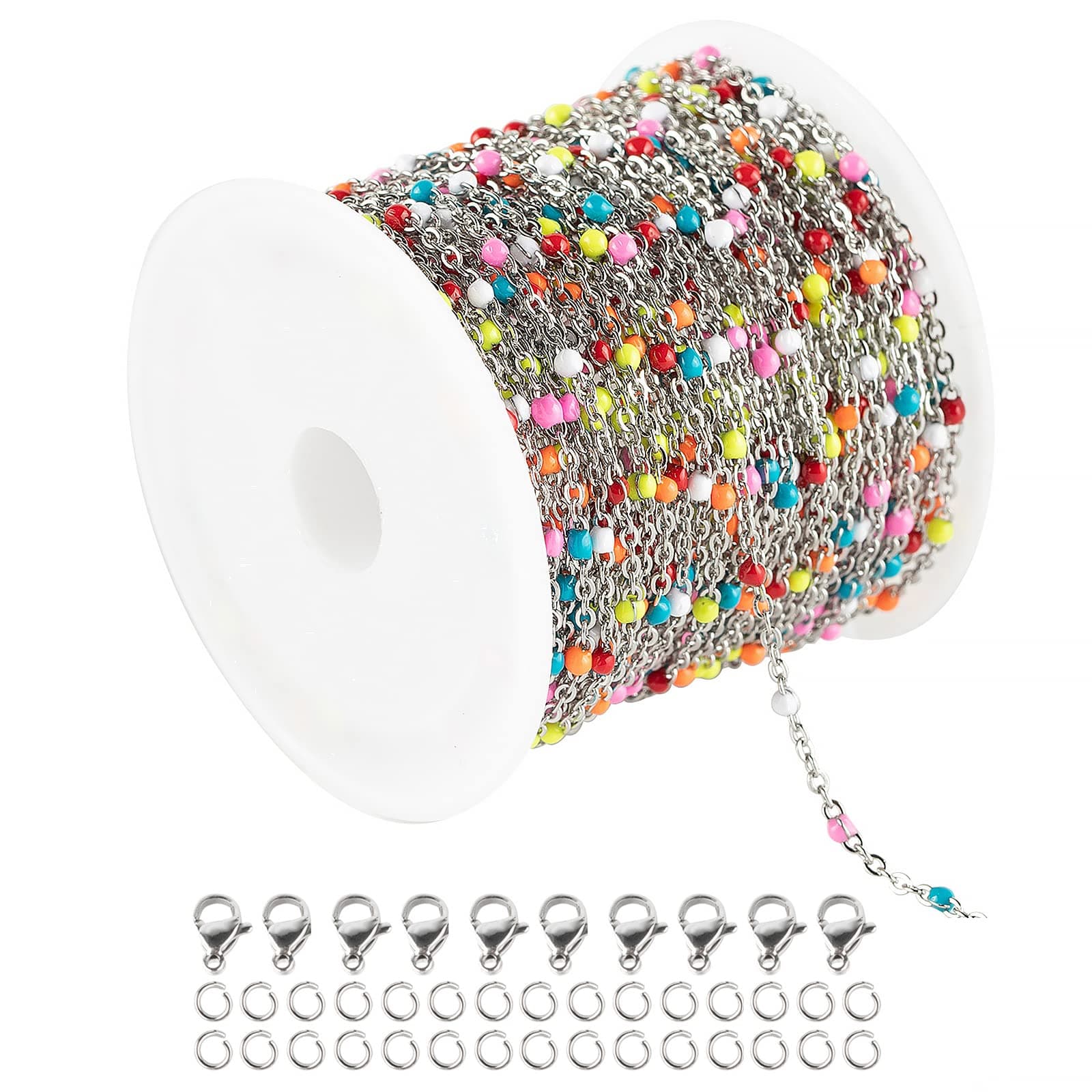 UMAOKANGUMAOKANG 33 Feet/10M Silver Jewelry Chains Soldered 304 Colorful Beaded Stainless Steel Link Cable Chain Necklace Bulk for Jewelry Making with 10 Lobster Clasps and 30 Jump Rings