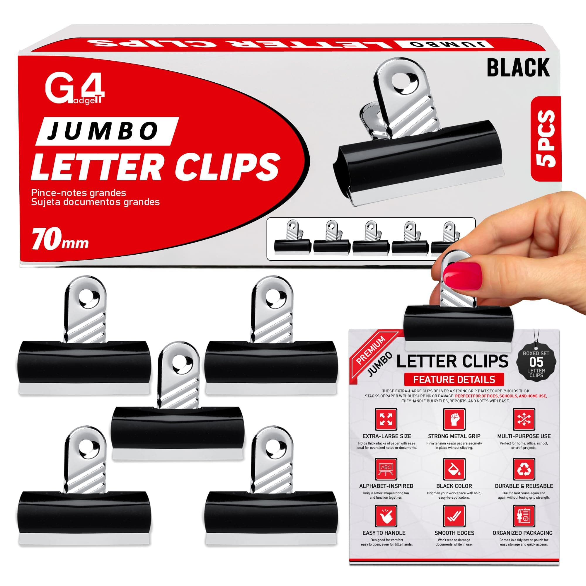 G4GADGET Pack of 5 Jumbo Black Bulldog Clips 70mm – Heavy-Duty Metal Binder Clips – Strong Grip Paper Clips for Office, School & Home – Ideal for Securing Documents & Files
