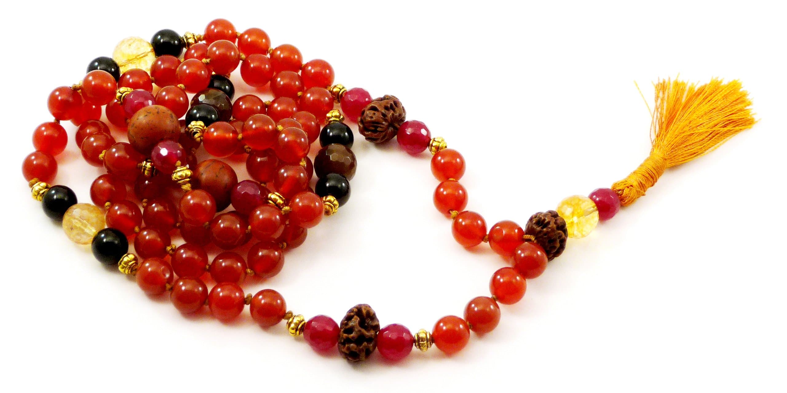 Hanuman Mala 108 Prayer Beads with Carnelian, Garnet, Agate, Citrine (Heat Treated), Bodhi Seed & Black Onyx (Dye Enchanced)
