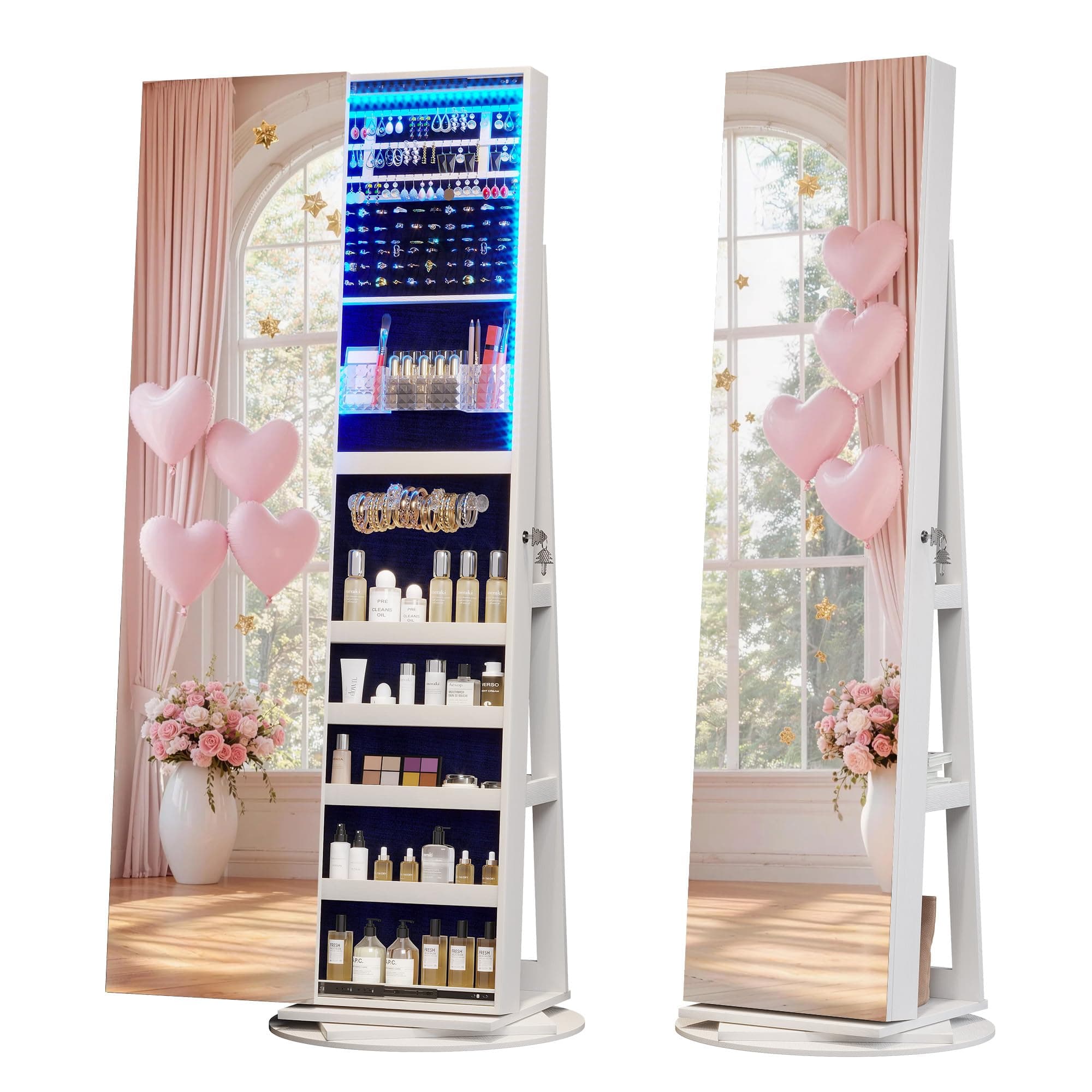 LVSOMT 360° Swivel Jewelry Cabinet with Full Length Mirror, 63'' Large Capacity Jewelry Organizer Armoire, Lockable Mirror with Jewelry Storage, Floor Standing Mirror, Rear Storage Shelves, A-White