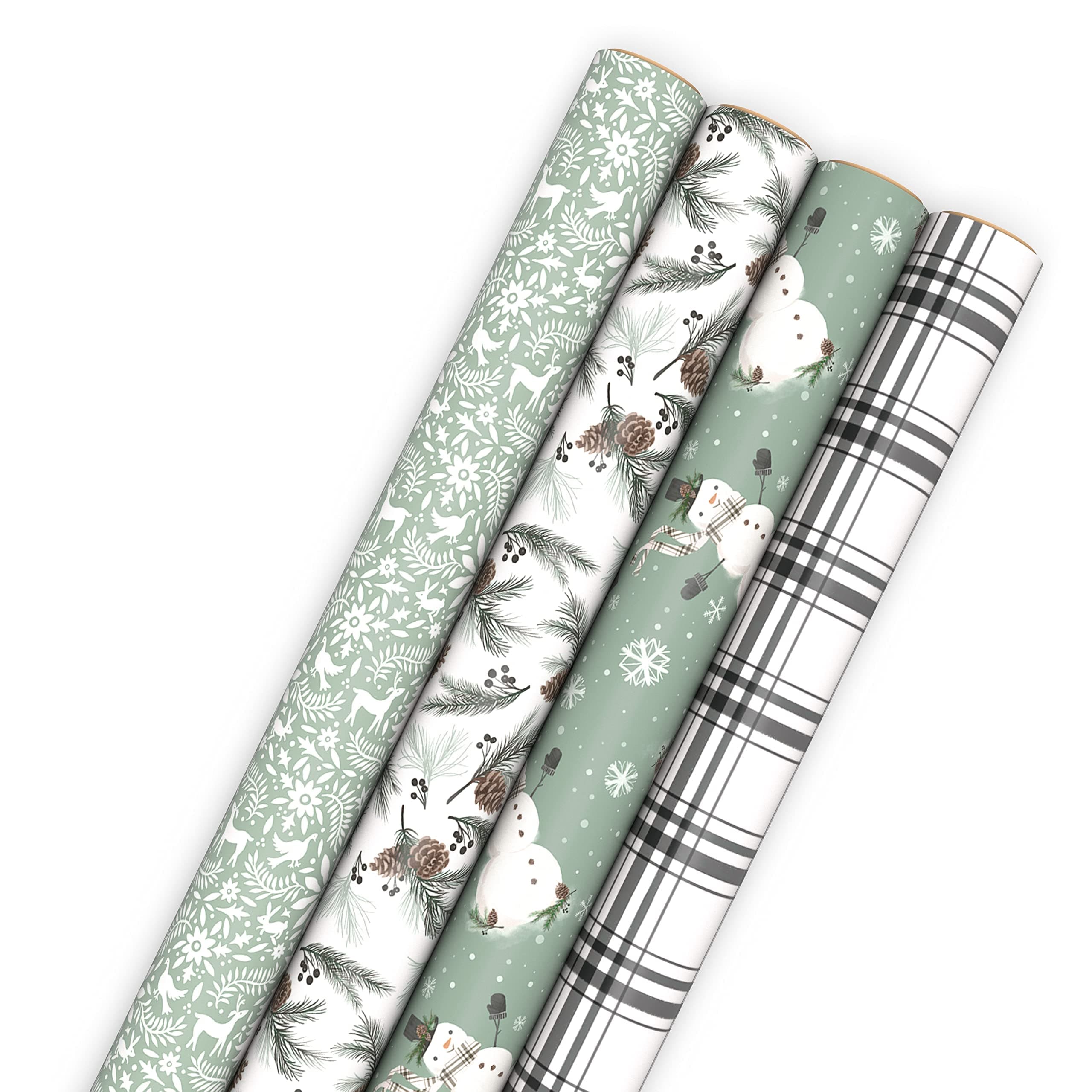 Recyclable Neutral Christmas Wrapping Paper (4 Rolls: 100 Sq. Ft. Ttl) White and Sage Green Evergreen Pinecones, Rustic Snowmen, Plaid, Nordic Deer and Foliage
