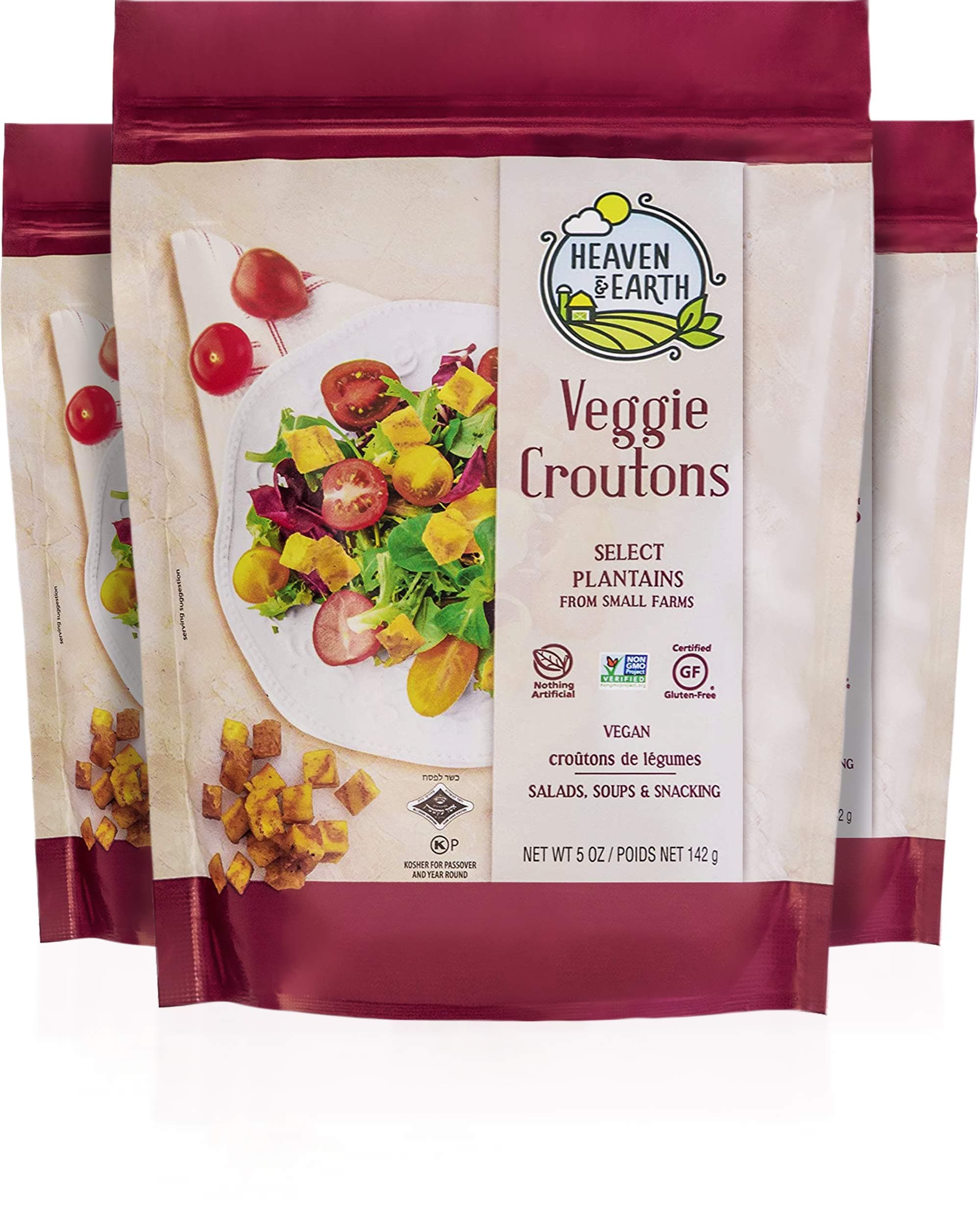 Heaven & Earth Veggie Croutons, 5oz (3 Pack) Gluten Free, Made from Plantains, Nothing Artificial, Great for Salads, Soups & Snacking!