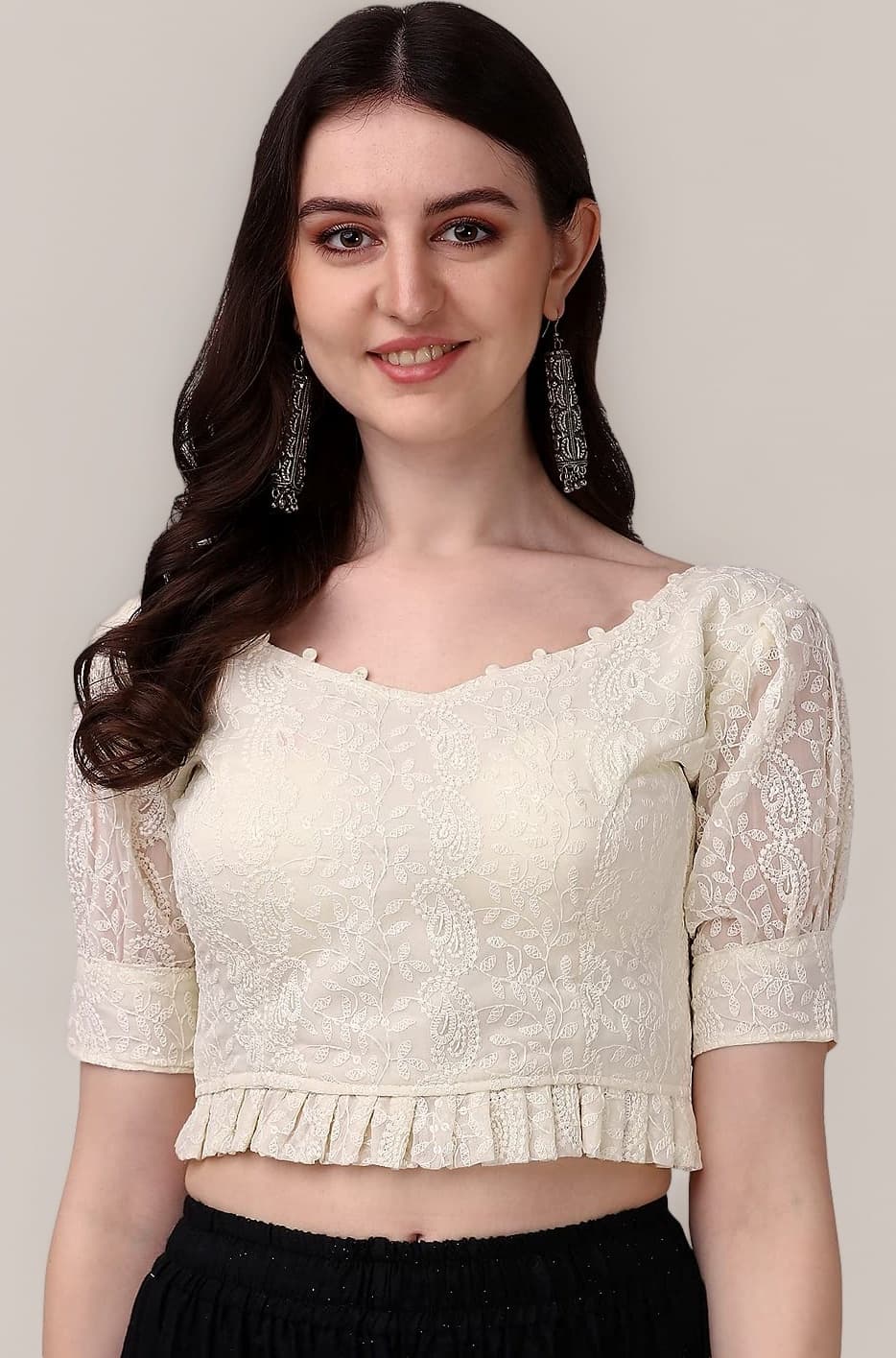 Women's Georgett Lucknowi Embroidery Puff Sleeve Tie UP Blouse (Lucknowi Tie)