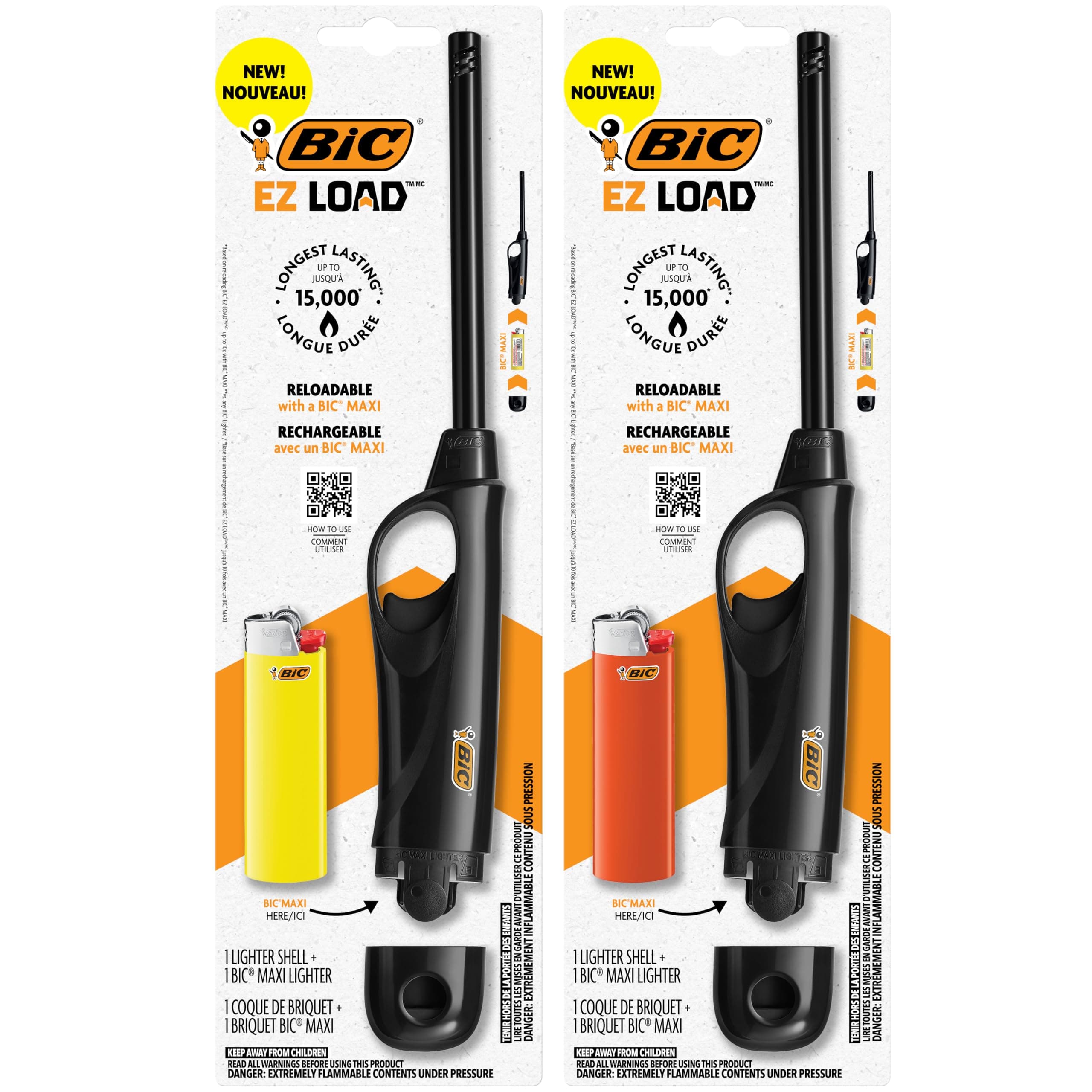 EZ Load Lighter, Reloadable Multi Purpose Lighter, Great to Use Camping, Grilling and for Fireplaces, Pack with 2 EZ Load Long Shells and 2 BIC Maxi Pocket Lighters