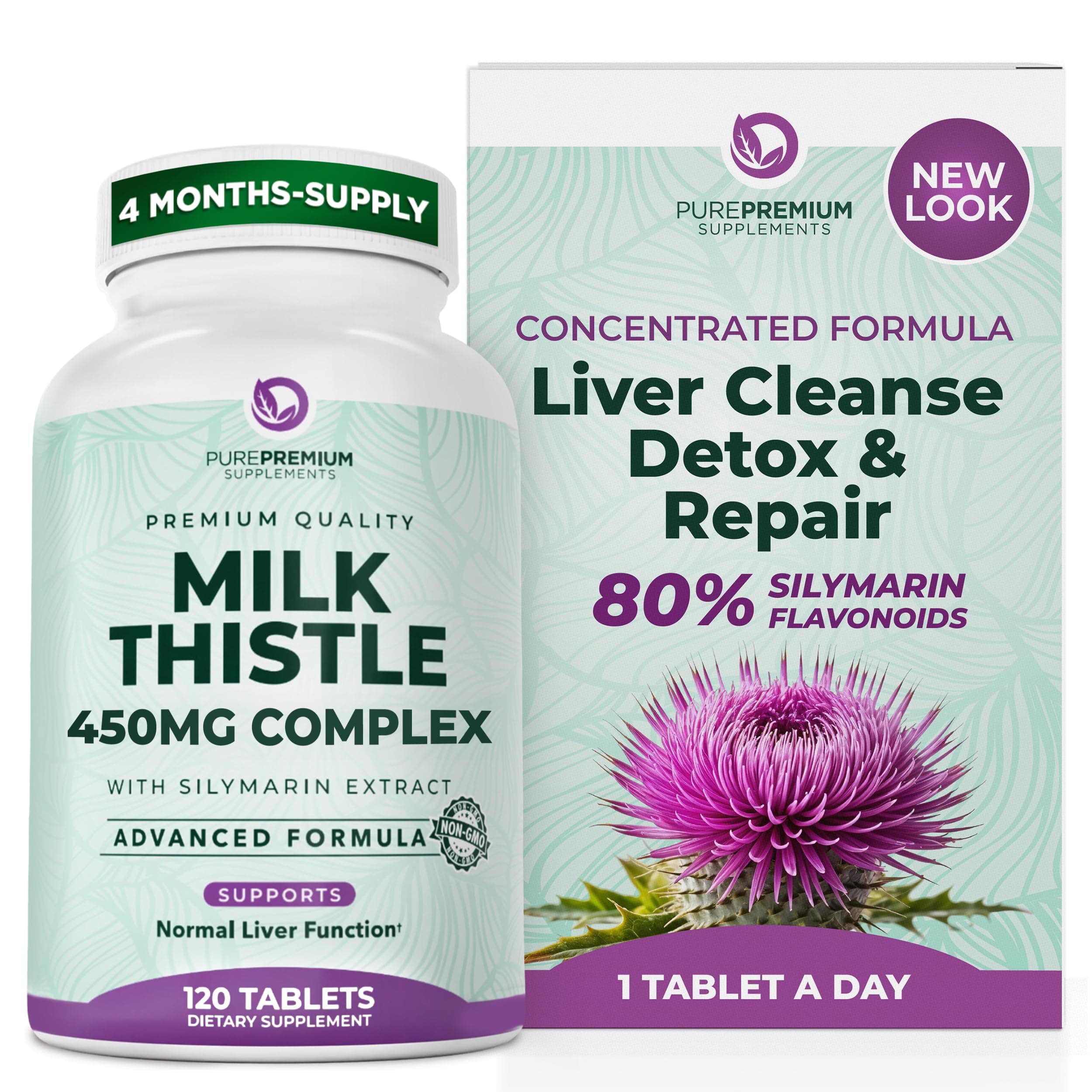 PurePremium Milk Thistle Supplement – Liver Cleanse Detox & Repair, 80% Silymarin Standardized Extract – 450mg Complex Supports Normal Liver Function – Non-GMO, Gluten-Free - 120 Supply