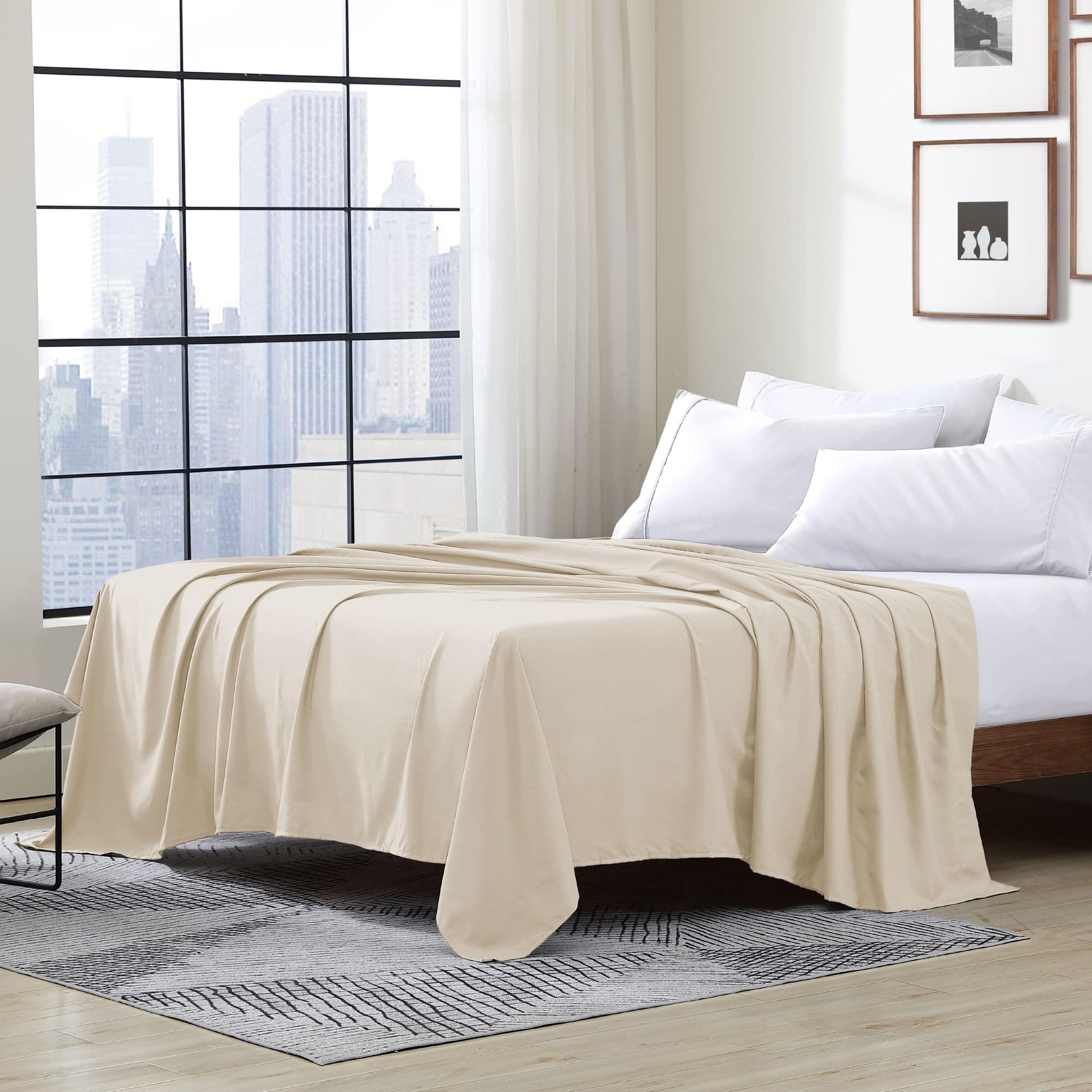 Hotel Luxury Wrinkle & Fade Resistant Double Brushed Ultra Soft Microfiber 1-Piece Single Flat Sheet - Cream, Queen (90" x 102")