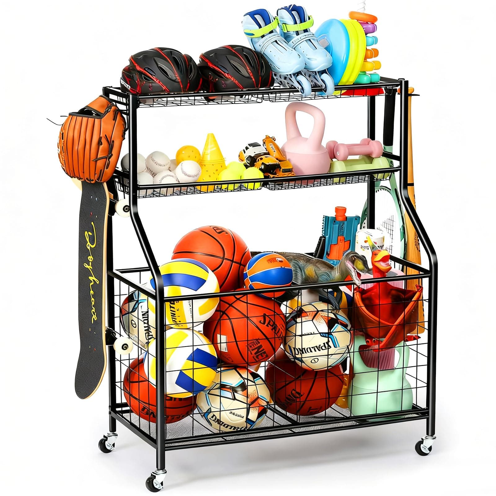 Kinghouse Sport Equipment Organizer for Garage, Steel Basketball Rack with Bat Holder and Hooks, Easy Assembly Storage for Balls, Kids' Toys, Workout Gear, Home Gym, Outdoor